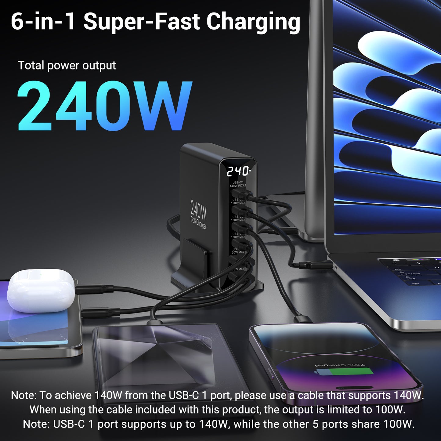 240W Ladegerät USB C 6-Port, PD3.1 GaN Ladegerät mit LED Display, Desktop ladestation Mehrfach für MacBook Pro/Air iPhone Pro, iPad, Dell XPS, Galaxy, Pixel, Laptops und mehr