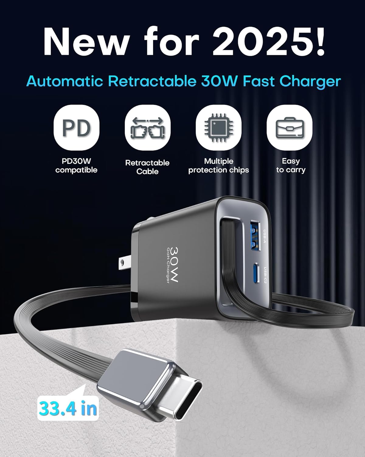 Retractable Wall Charger, 30w PD USB C Fast Charger Block with Foldable Plug Portable Adapter for MacBook Pro/Air, ipad Pro/Air, iPhone 15/16 Pro/Pro Max, for Galaxy S24/S23
