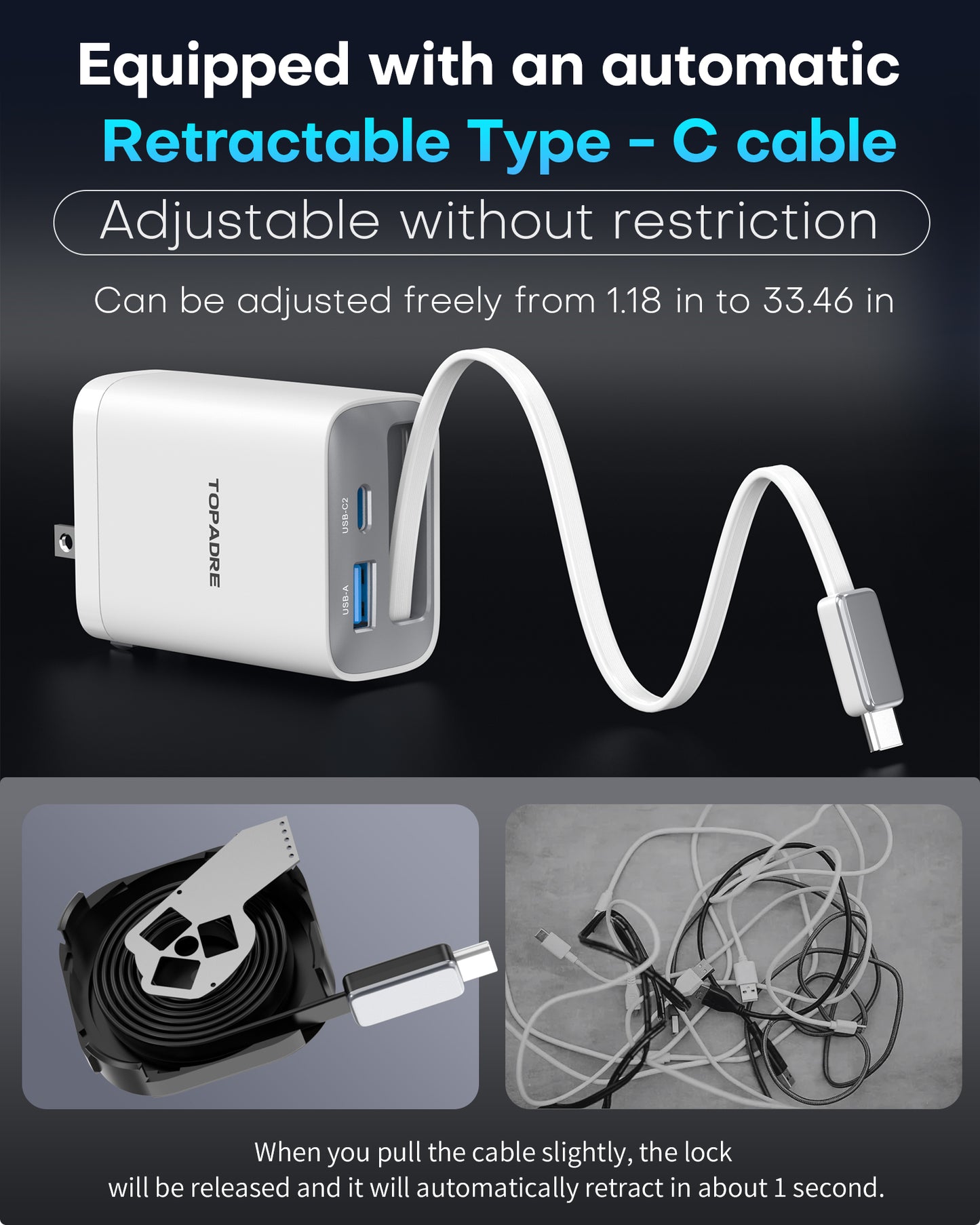 3 in 1 GaN Charger 65W Fast Charging Type C Retractable Wall Foldable Plug for iPhone Samsung Galaxy iPad MacBook Travel Friendly Compact Safe Tech Gift