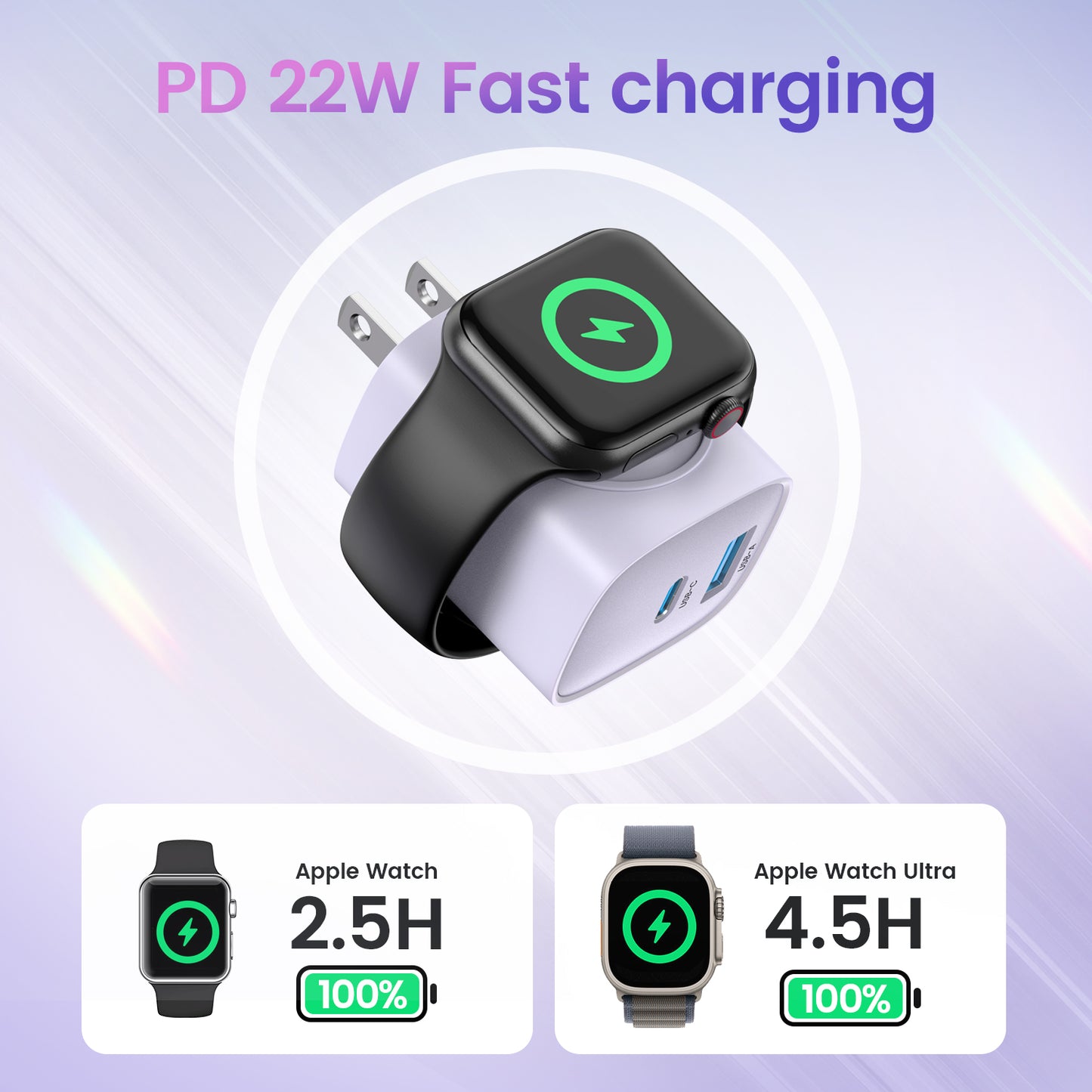 3-In-1 20W Fast Charger:Powerful Magnetic Charging for Apple Watch + USB-C&USB-A Ports | Compact 3-Device Charging Block for iPhone 16/15, iWatch Ultra/9/8/7/6