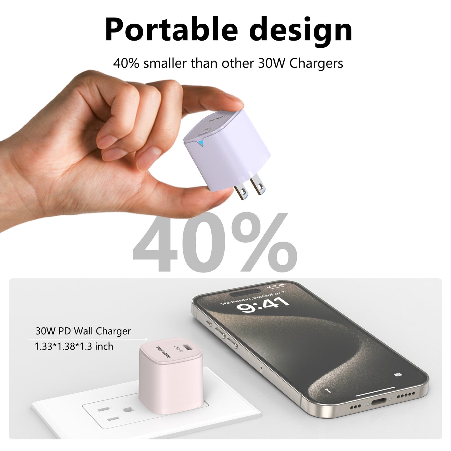 30W USB-C fast charger, PD3.1 fast charging, suitable for iPhone 16/15/14 Pro Max, iPad, Samsung