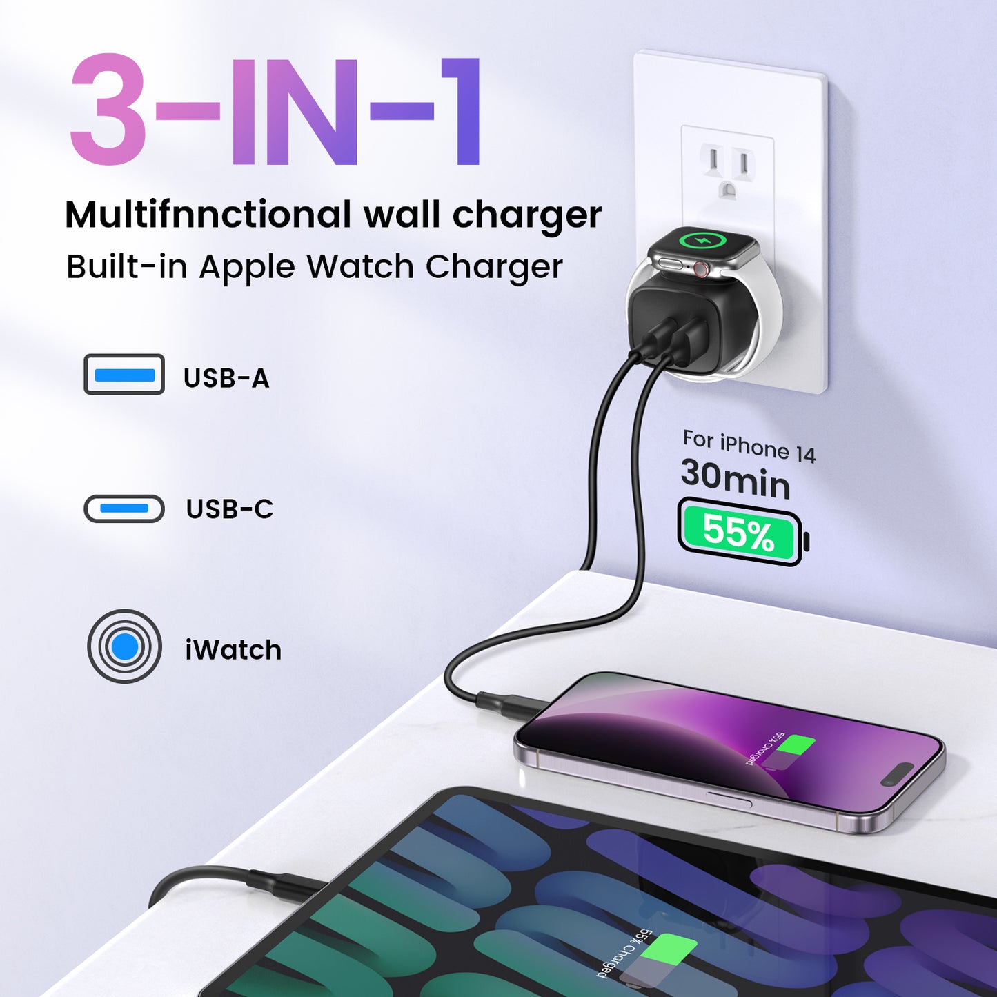 3-In-1 20W Fast Charger:Powerful Magnetic Charging for Apple Watch + USB-C&USB-A Ports | Compact 3-Device Charging Block for iPhone 16/15, iWatch Ultra/9/8/7/6