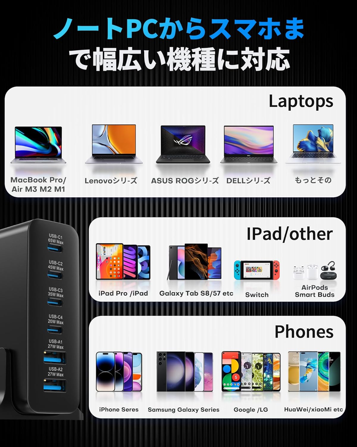 TOPADRE 合計120W 充電器 USB-C 急速充 電器 6ポート USBコンセント【単ポート65W Max/6台同時充 電/1.5M電源コード&スタンド付】スマホ充 電 器 PSE認証済 MacBook iPad iPhone Galaxy Android スマートフォン タブレットなどデバイス対応