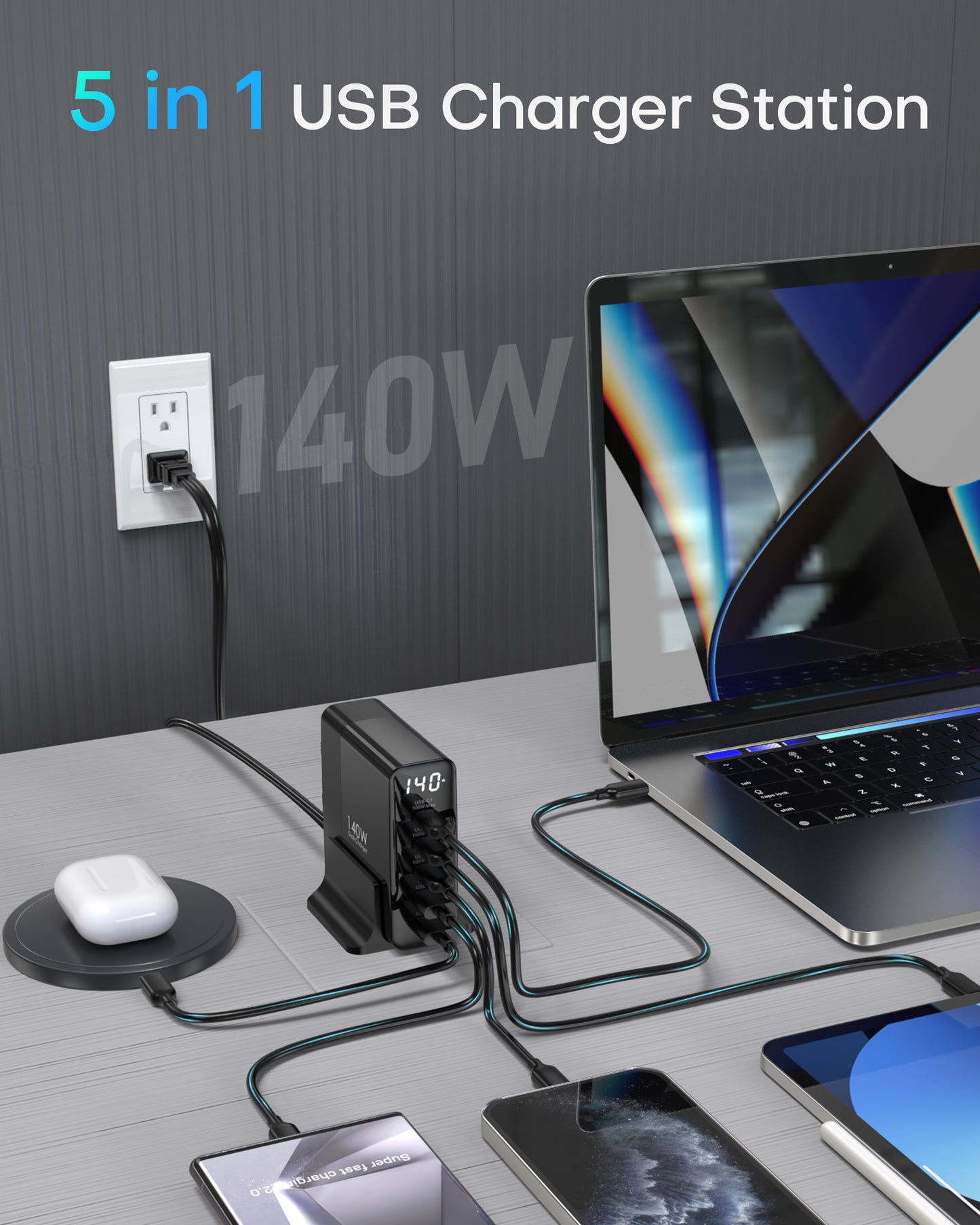 Topadre USB C Ladegerät 140W, 5-Port GaN USB C Mehrfach Ladegerät mit LED Display, Schnellladegerät PD 3.0 Netzteil für MacBook Pro/Air, für iPhone 16/15 Pro, für iPad, für Galaxy S24/23
