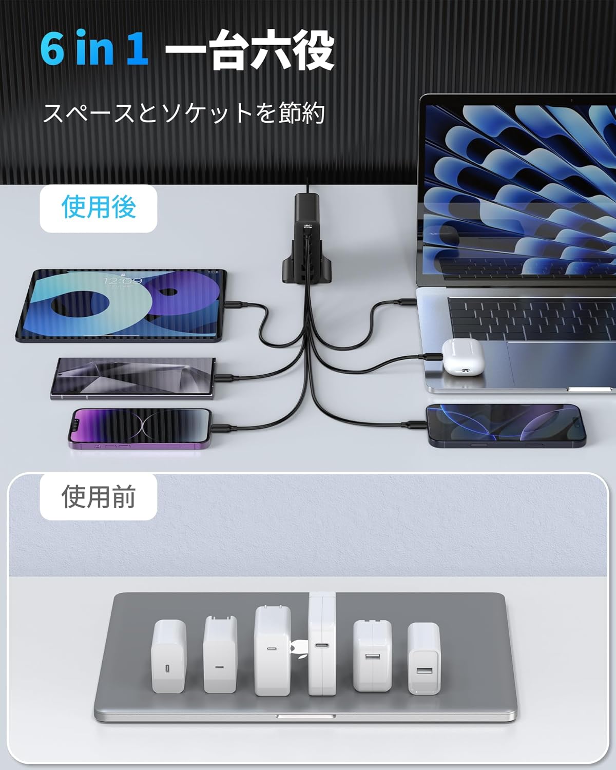 TOPADRE 合計120W 充電器 USB-C 急速充 電器 6ポート USBコンセント【単ポート65W Max/6台同時充 電/1.5M電源コード&スタンド付】スマホ充 電 器 PSE認証済 MacBook iPad iPhone Galaxy Android スマートフォン タブレットなどデバイス対応