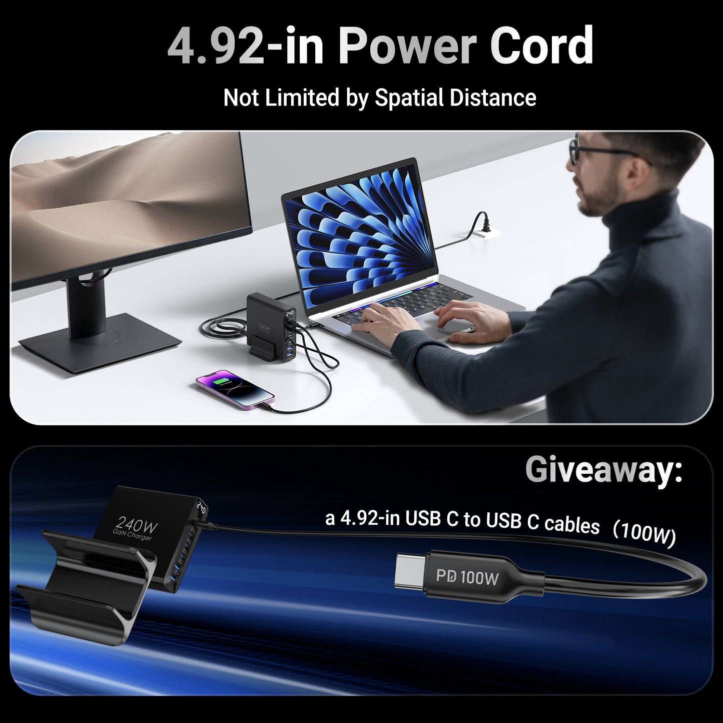 240W Ladegerät USB C 6-Port, PD3.1 GaN Ladegerät mit LED Display, Desktop ladestation Mehrfach für MacBook Pro/Air iPhone Pro, iPad, Dell XPS, Galaxy, Pixel, Laptops und mehr