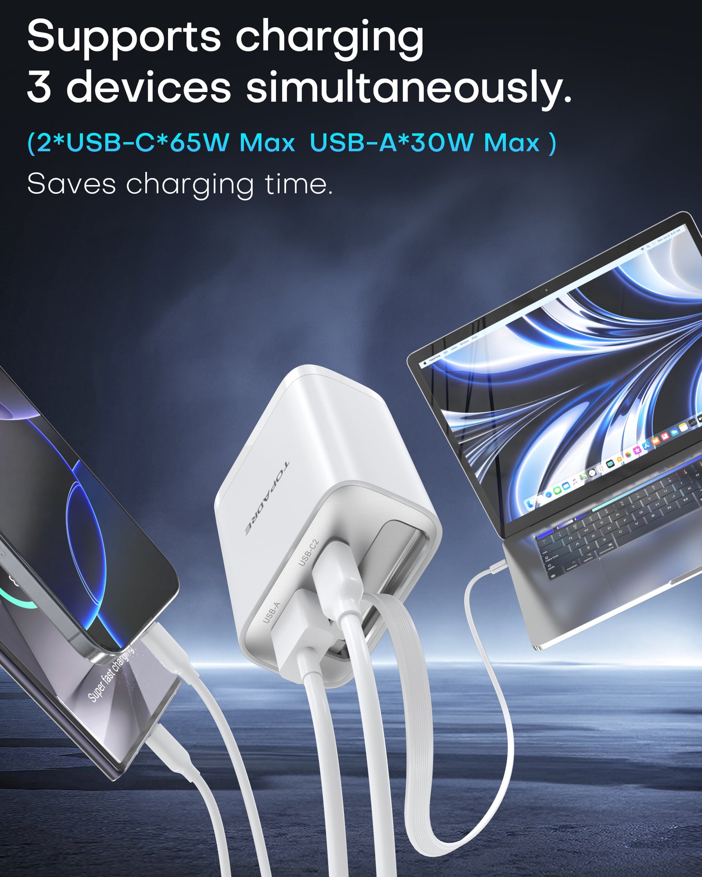 3 in 1 GaN Charger 65W Fast Charging Type C Retractable Wall Foldable Plug for iPhone Samsung Galaxy iPad MacBook Travel Friendly Compact Safe Tech Gift