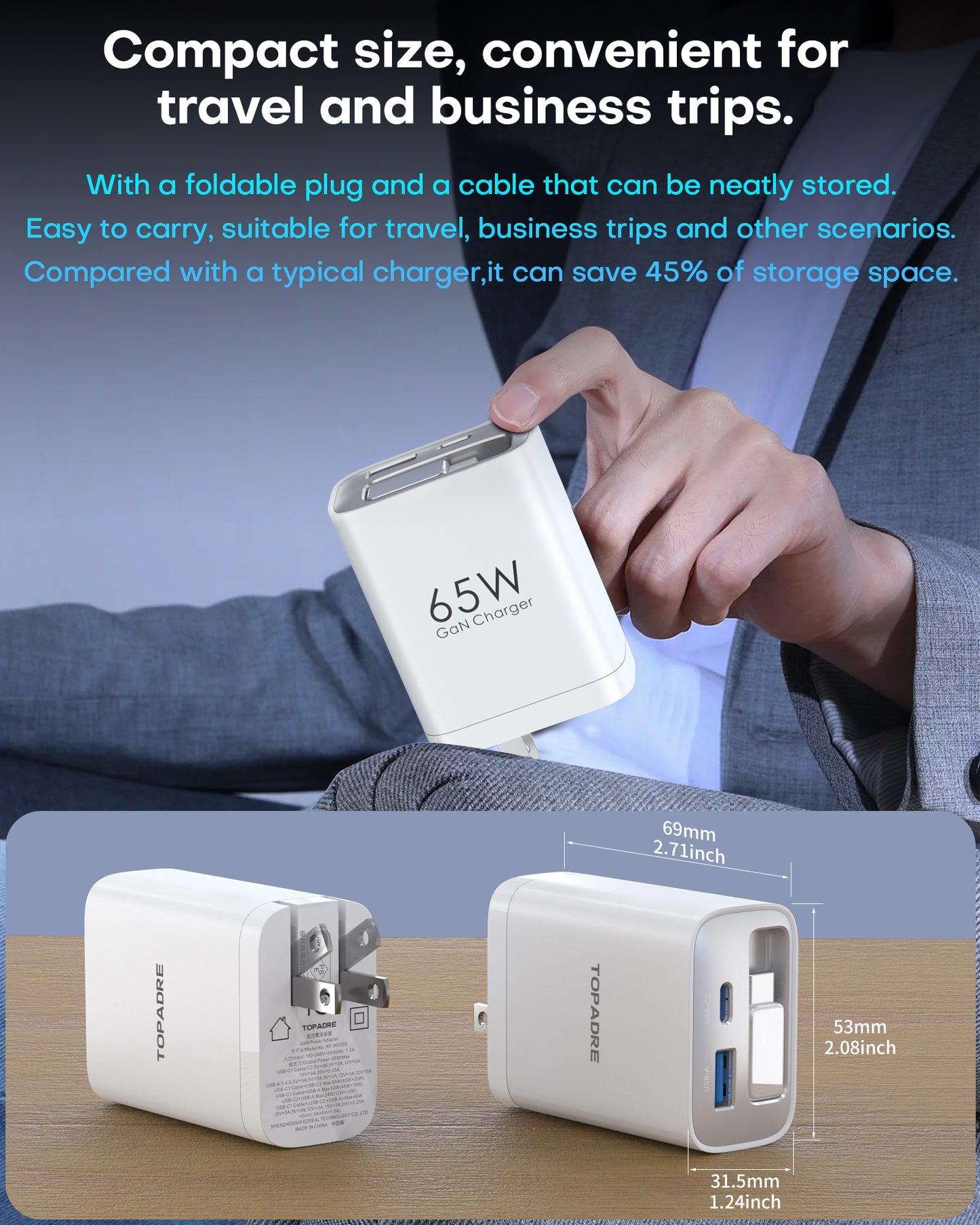 3 in 1 GaN Charger 65W Fast Charging Type C Retractable Wall Foldable Plug for iPhone Samsung Galaxy iPad MacBook Travel Friendly Compact Safe Tech Gift