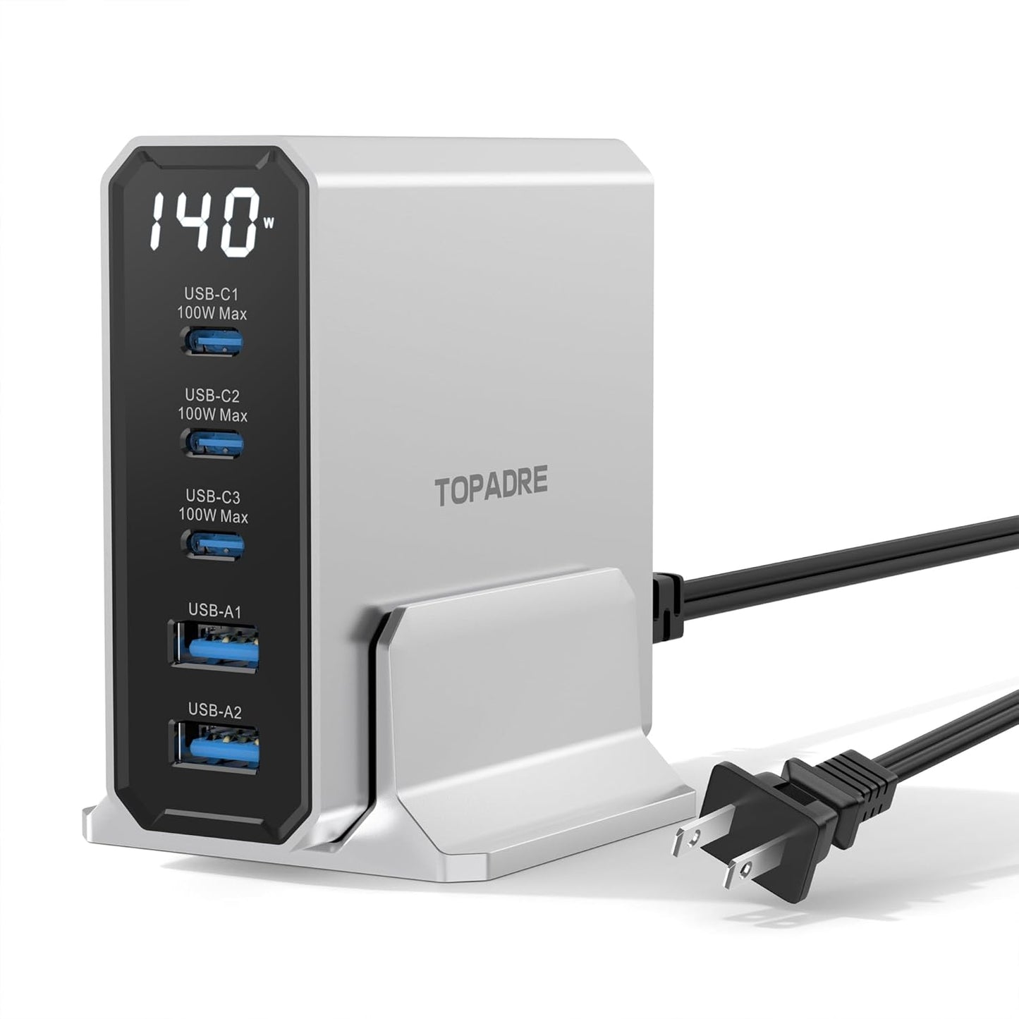 TOPADRE 140W 急速充電器 PD タイプ c 充電器【100W Max*USB-C*3+USB-A*2+ディスプレイ搭載+PSE認証】5ポート Type-c充 電器 MacBook M4 M3 /ipad Pro/iPhone 16/15/14/13 Pro Max/Samsung Galaxy Note各種デバイス対応 GaNIII(窒化ガリウム) 1.5mの電源ケーブル付き