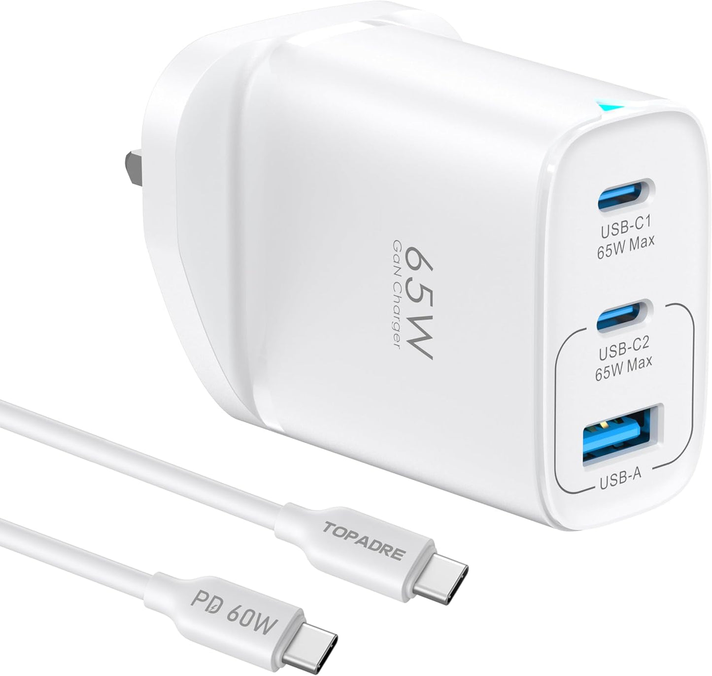 65W USB C Plug, 3 Ports GaN Type-C Charger Plug UK PPS/PD3.0 Fast Charging for MacBook Pro/Air, iPad Pro/Air, for iPhone 16/15 Pro Max, for Galaxy S24/S23, Laptop Charger