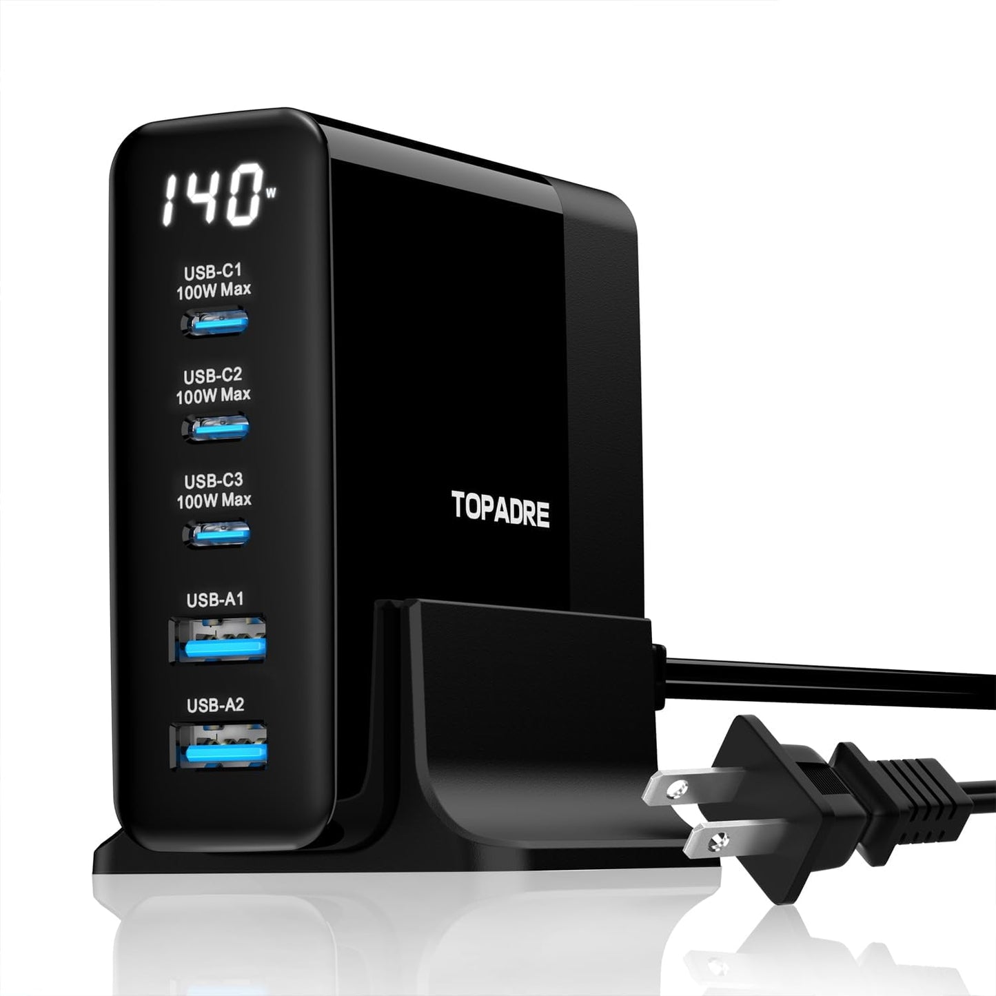 TOPADRE 140W 急速充電器 PD タイプ c 充電器【100W Max*USB-C*3+USB-A*2+ディスプレイ搭載+PSE認証】5ポート Type-c充 電器 MacBook M4 M3 /ipad Pro/iPhone 16/15/14/13 Pro Max/Samsung Galaxy Note各種デバイス対応 GaNIII(窒化ガリウム) 1.5mの電源ケーブル付き