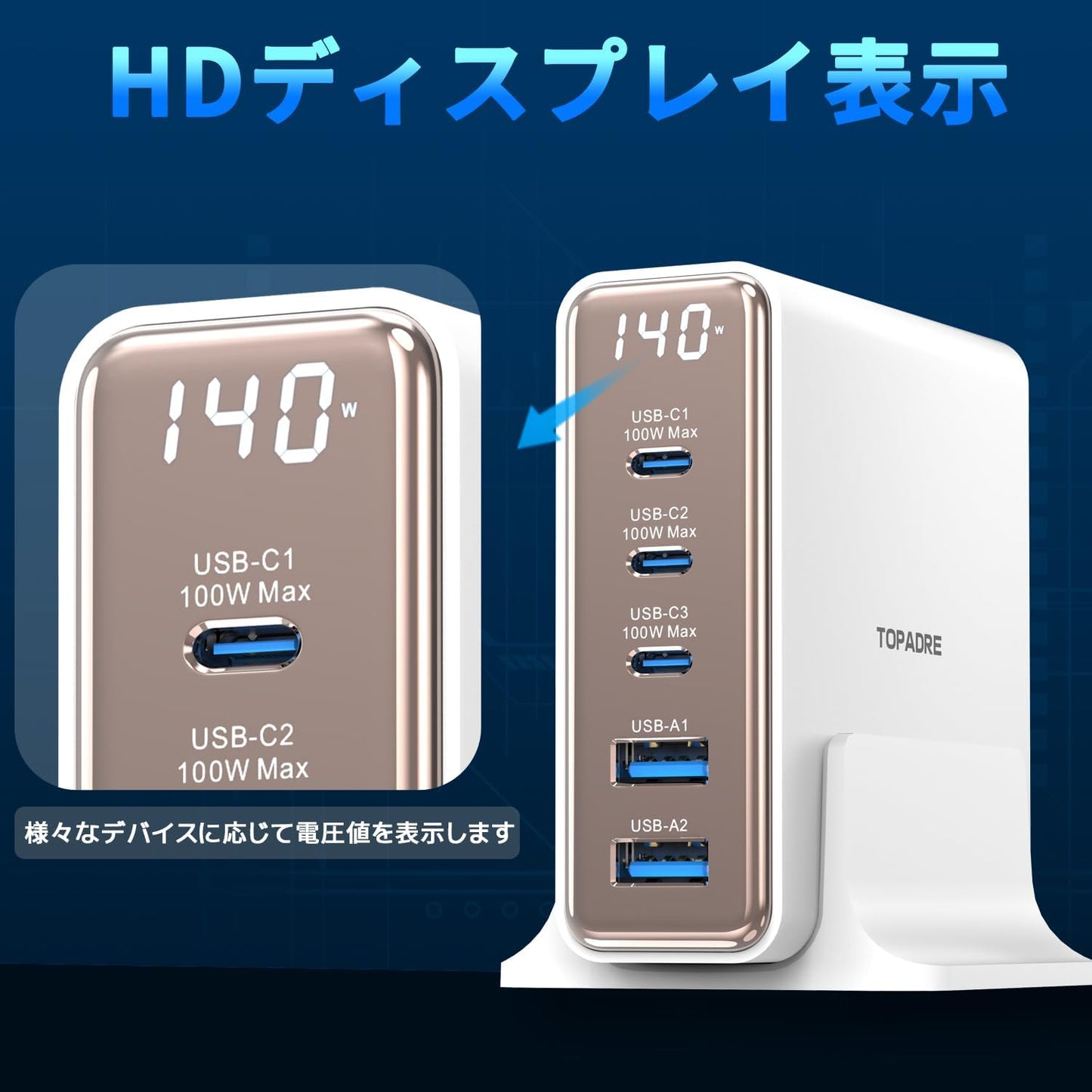TOPADRE 140W 急速充電器 PD タイプ c 充電器【100W Max*USB-C*3+USB-A*2+ディスプレイ搭載+PSE認証】5ポート Type-c充 電器 MacBook M4 M3 /ipad Pro/iPhone 16/15/14/13 Pro Max/Samsung Galaxy Note各種デバイス対応 GaNIII(窒化ガリウム) 1.5mの電源ケーブル付き