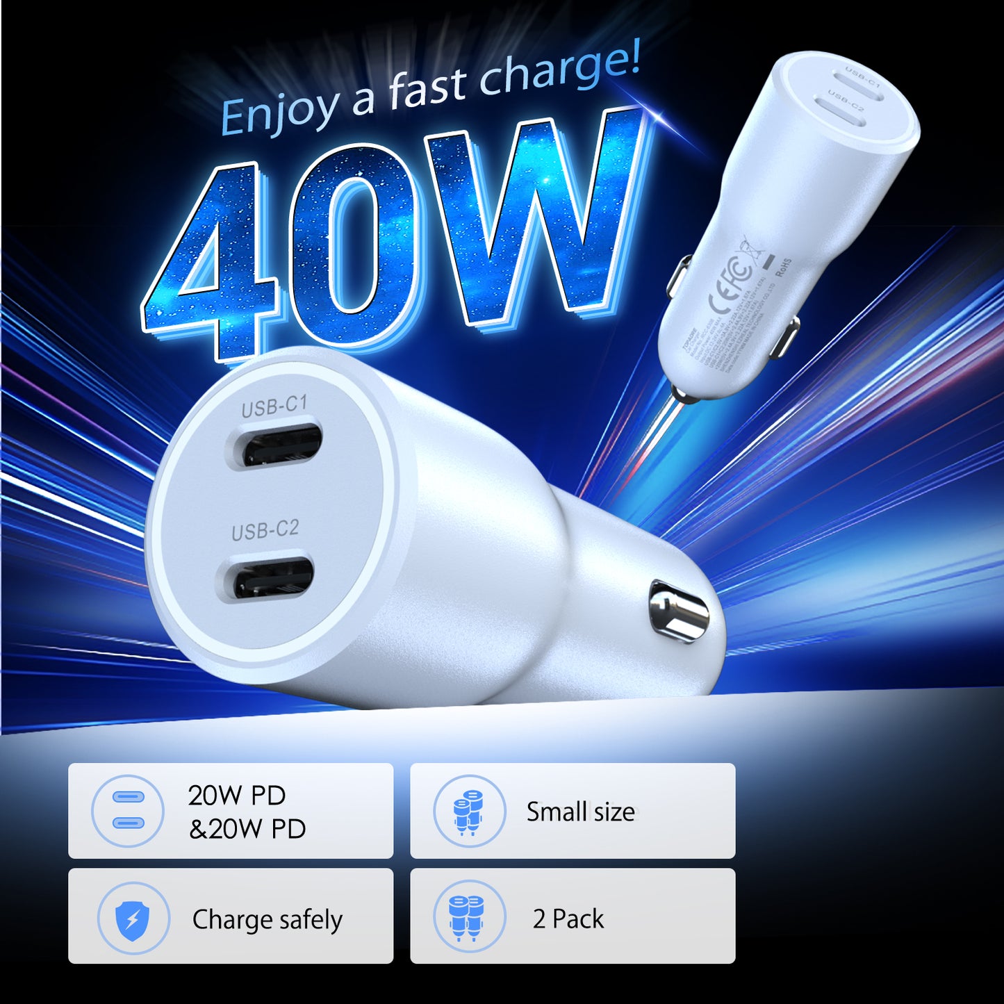 40W car charger, dual USB ports, PD/PPS/QC multi-protocol compatible, suitable for iPhone 16/15, iPad, Samsung