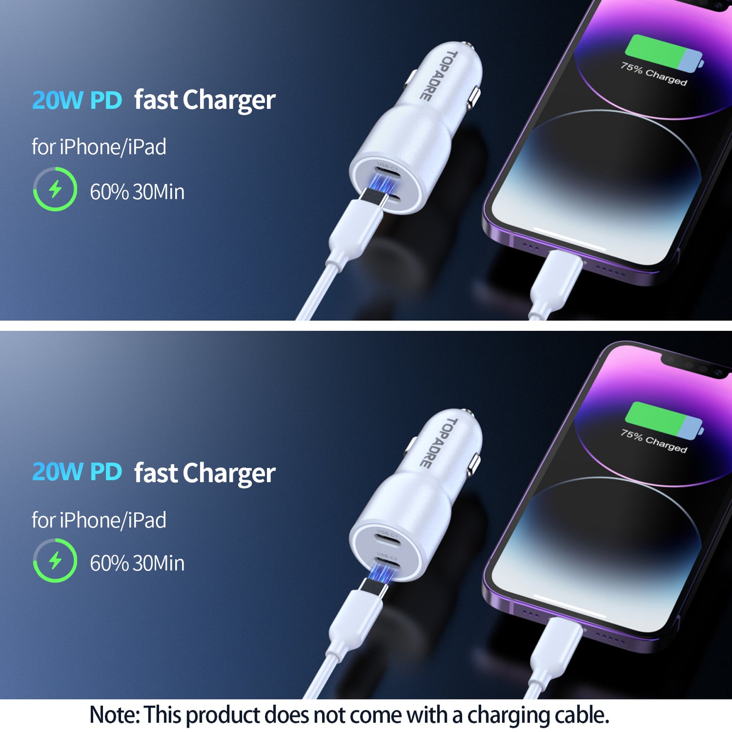 40W car charger, dual USB ports, PD/PPS/QC multi-protocol compatible, suitable for iPhone 16/15, iPad, Samsung