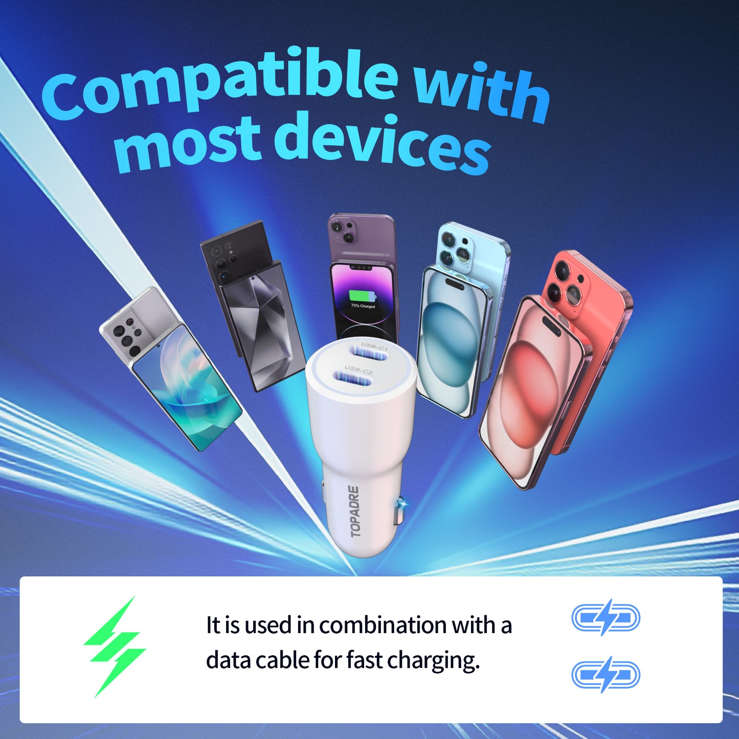 40W car charger, dual USB ports, PD/PPS/QC multi-protocol compatible, suitable for iPhone 16/15, iPad, Samsung