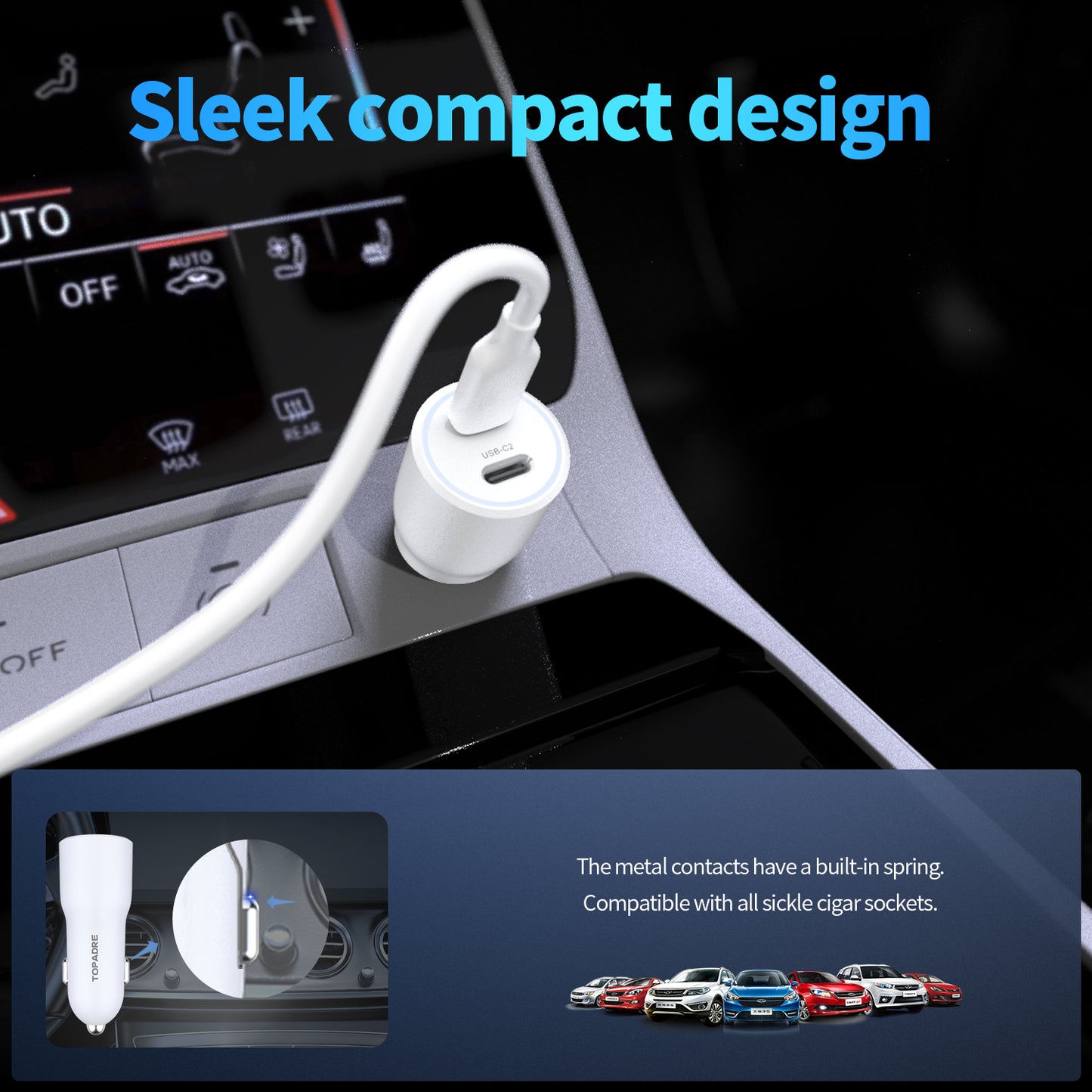 40W car charger, dual USB ports, PD/PPS/QC multi-protocol compatible, suitable for iPhone 16/15, iPad, Samsung
