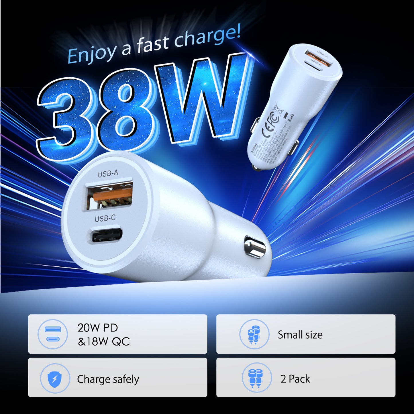38W car charger, dual-port design (USB-C + USB-A), PD/PPS/QC multi-protocol compatible, suitable for iPhone16/15/14, iPad, Samsung