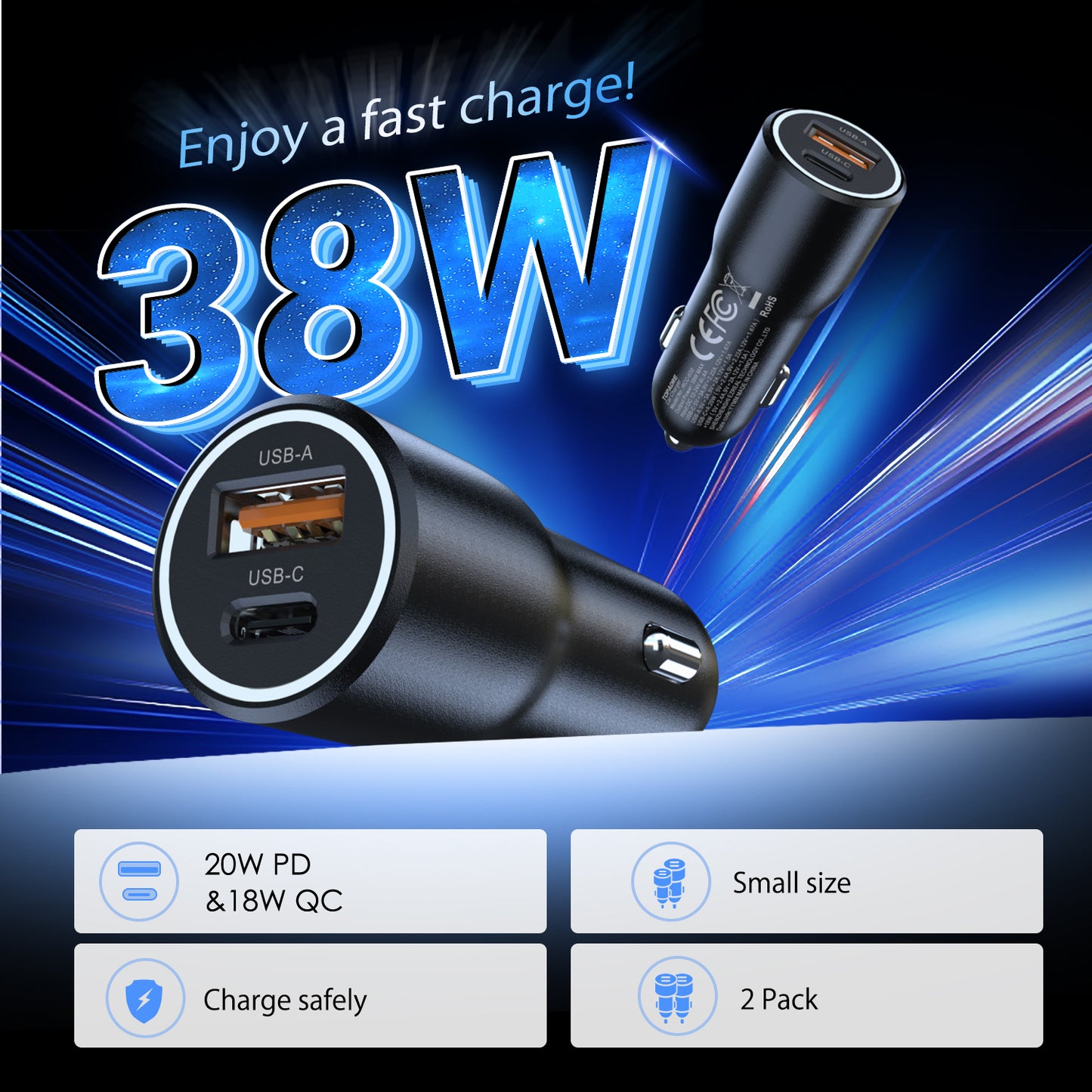 38W car charger, dual-port design (USB-C + USB-A), PD/PPS/QC multi-protocol compatible, suitable for iPhone16/15/14, iPad, Samsung