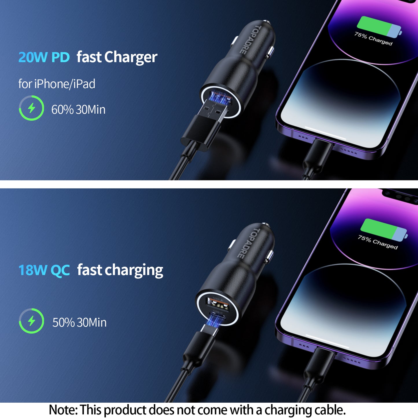 38W car charger, dual-port design (USB-C + USB-A), PD/PPS/QC multi-protocol compatible, suitable for iPhone16/15/14, iPad, Samsung