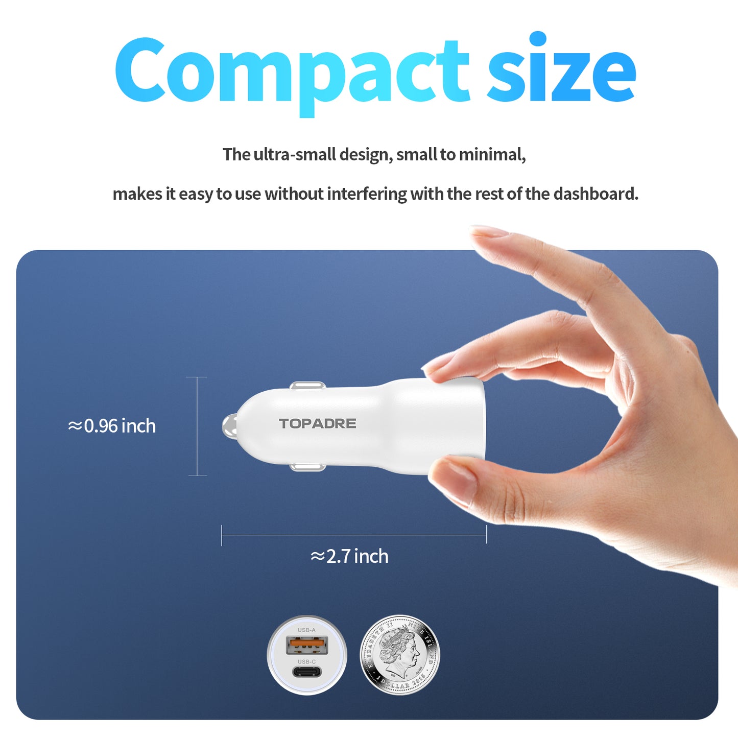 38W car charger, dual-port design (USB-C + USB-A), PD/PPS/QC multi-protocol compatible, suitable for iPhone16/15/14, iPad, Samsung