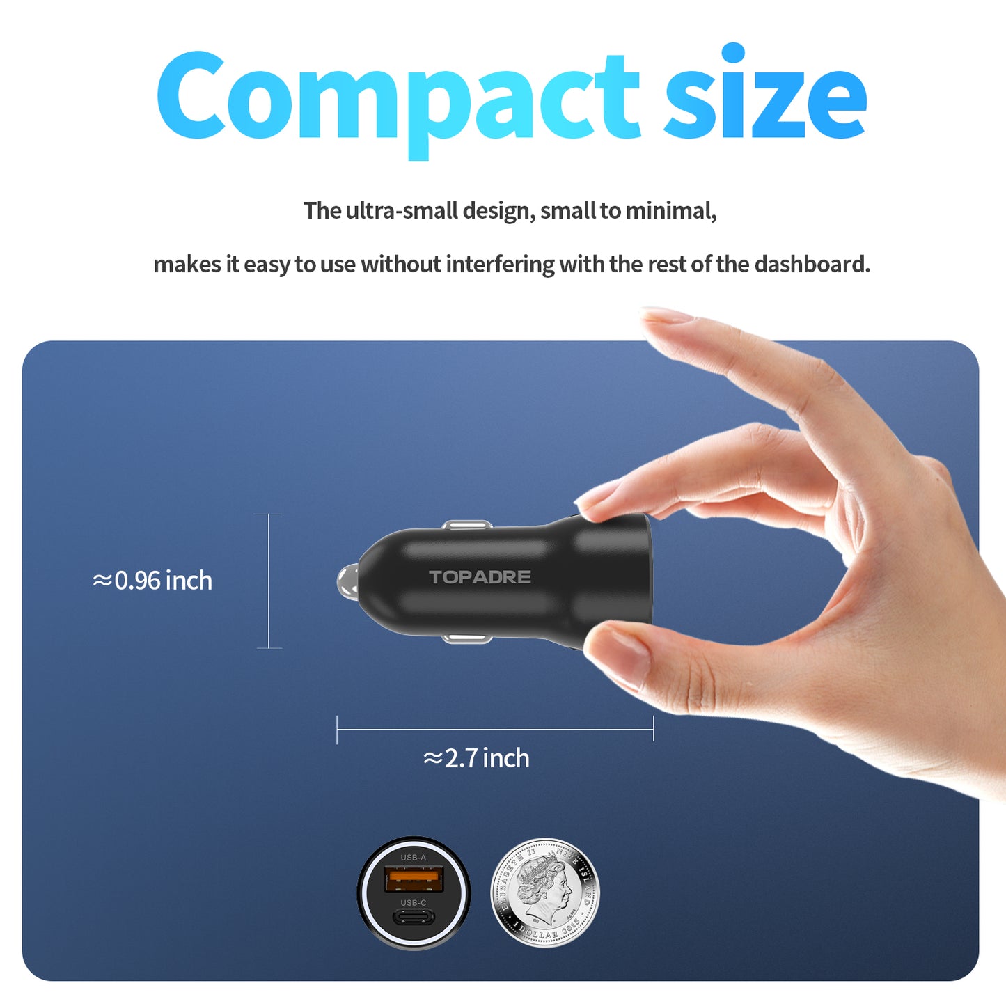 38W car charger, dual-port design (USB-C + USB-A), PD/PPS/QC multi-protocol compatible, suitable for iPhone16/15/14, iPad, Samsung