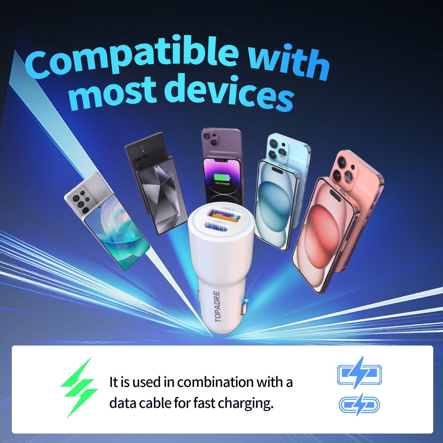 38W car charger, dual-port design (USB-C + USB-A), PD/PPS/QC multi-protocol compatible, suitable for iPhone16/15/14, iPad, Samsung