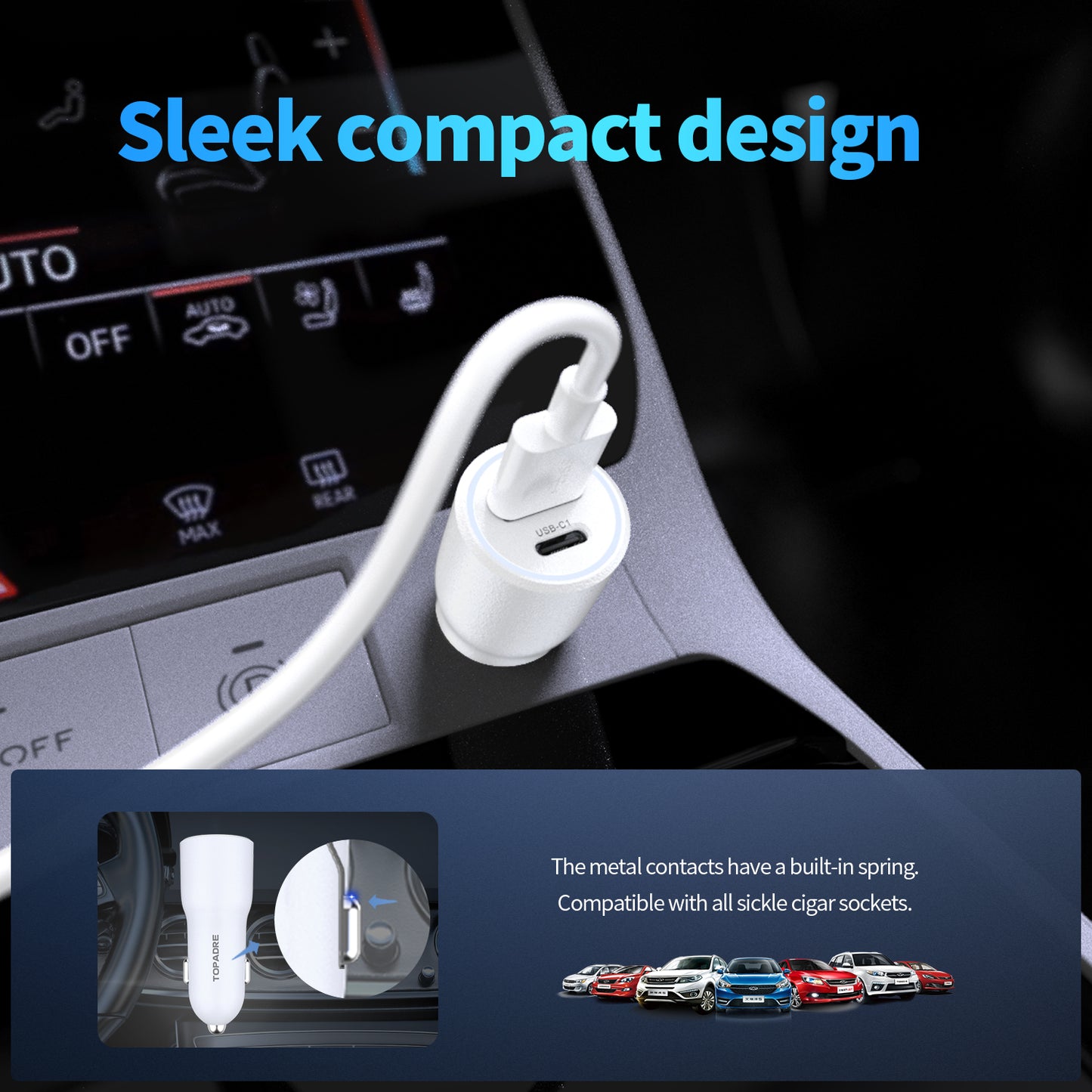 38W car charger, dual-port design (USB-C + USB-A), PD/PPS/QC multi-protocol compatible, suitable for iPhone16/15/14, iPad, Samsung