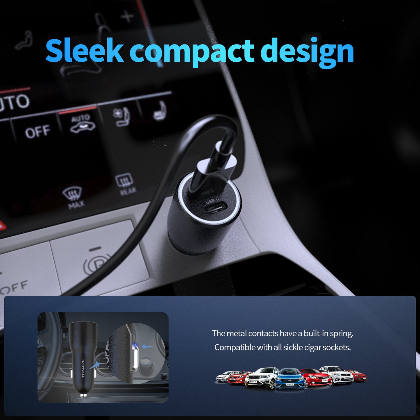 38W car charger, dual-port design (USB-C + USB-A), PD/PPS/QC multi-protocol compatible, suitable for iPhone16/15/14, iPad, Samsung