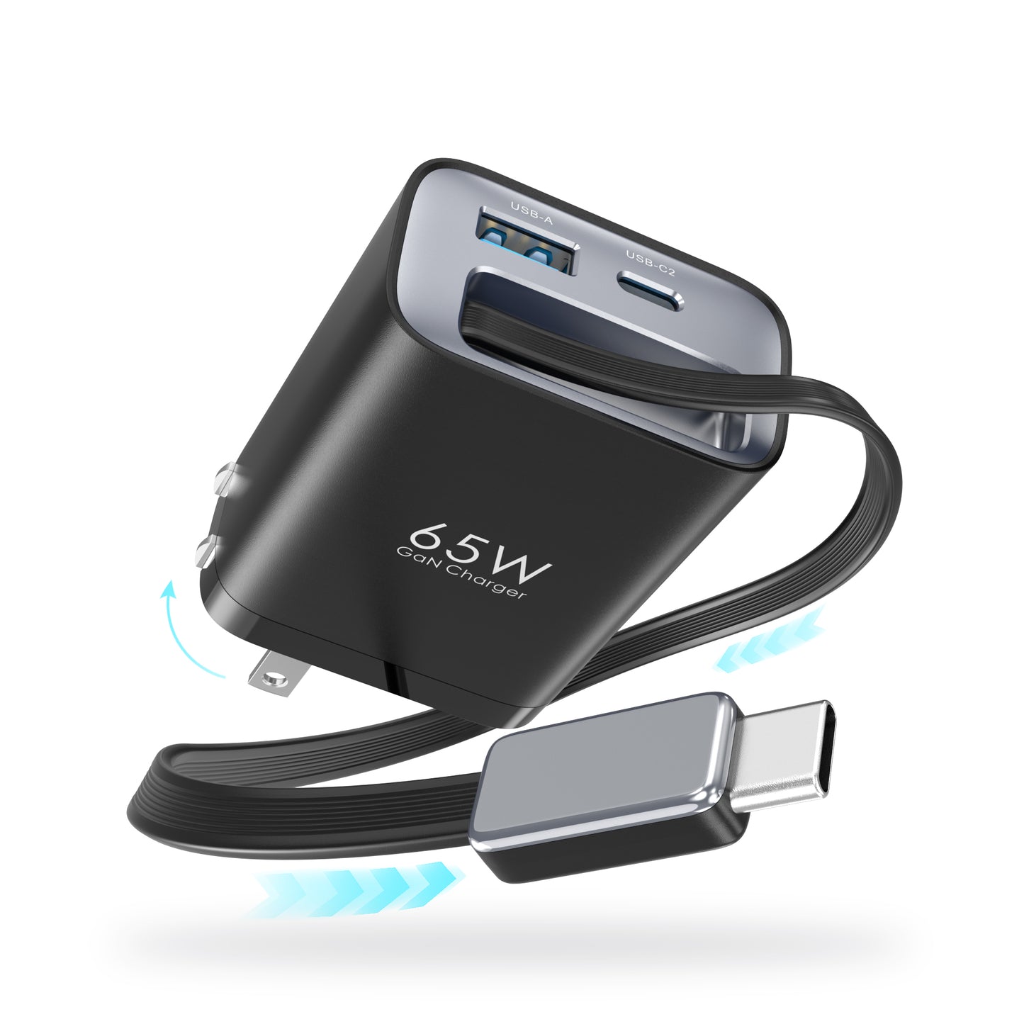 3 in 1 GaN Charger 65W Fast Charging Type C Retractable Wall Foldable Plug for iPhone Samsung Galaxy iPad MacBook Travel Friendly Compact Safe Tech Gift