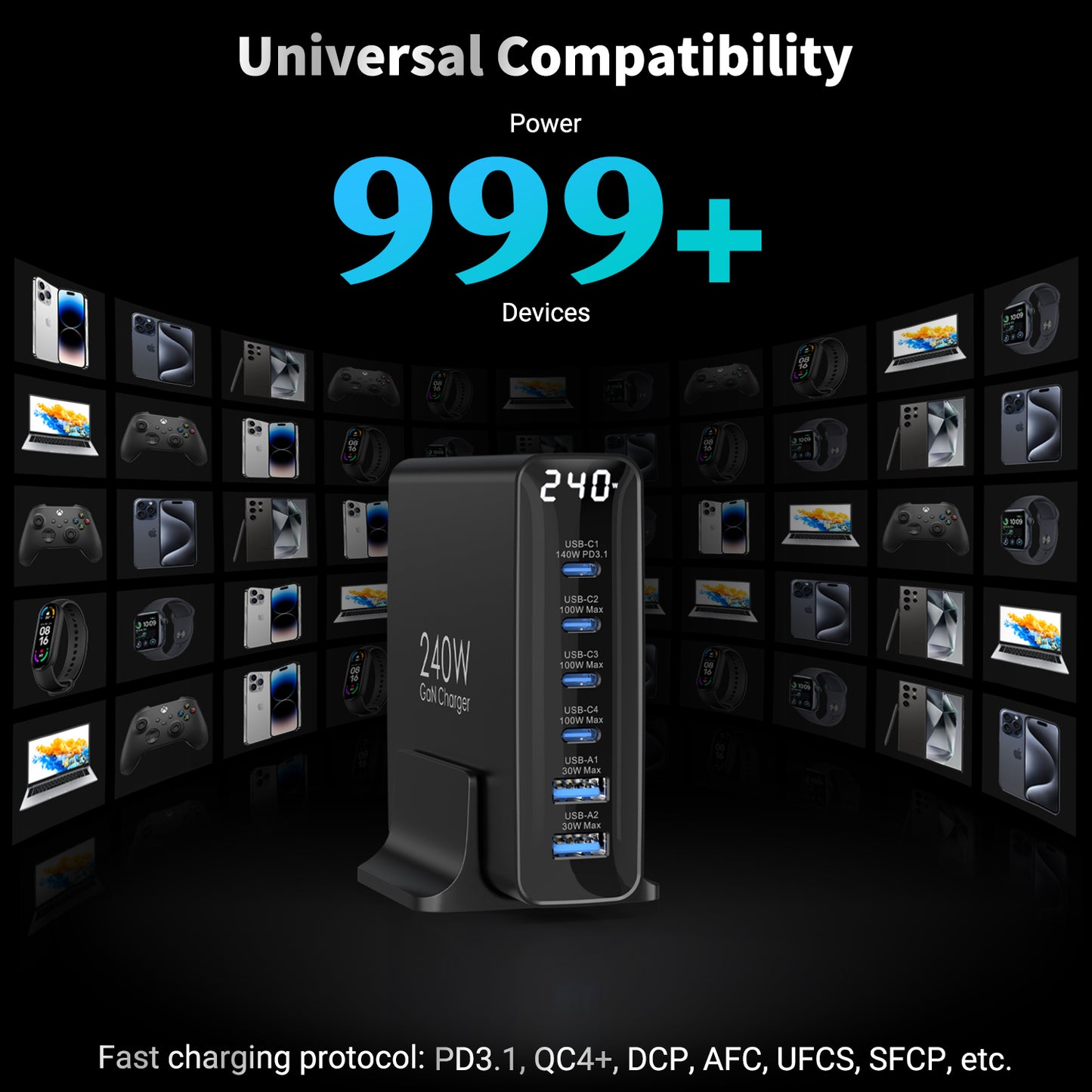 240W Ladegerät USB C 6-Port, PD3.1 GaN Ladegerät mit LED Display, Desktop ladestation Mehrfach für MacBook Pro/Air iPhone Pro, iPad, Dell XPS, Galaxy, Pixel, Laptops und mehr