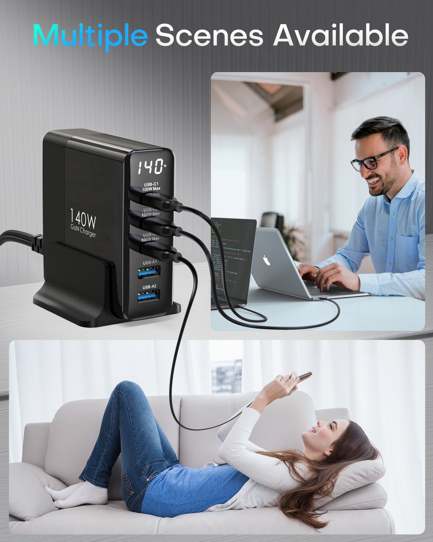 Topadre USB C Ladegerät 140W, 5-Port GaN USB C Mehrfach Ladegerät mit LED Display, Schnellladegerät PD 3.0 Netzteil für MacBook Pro/Air, für iPhone 16/15 Pro, für iPad, für Galaxy S24/23