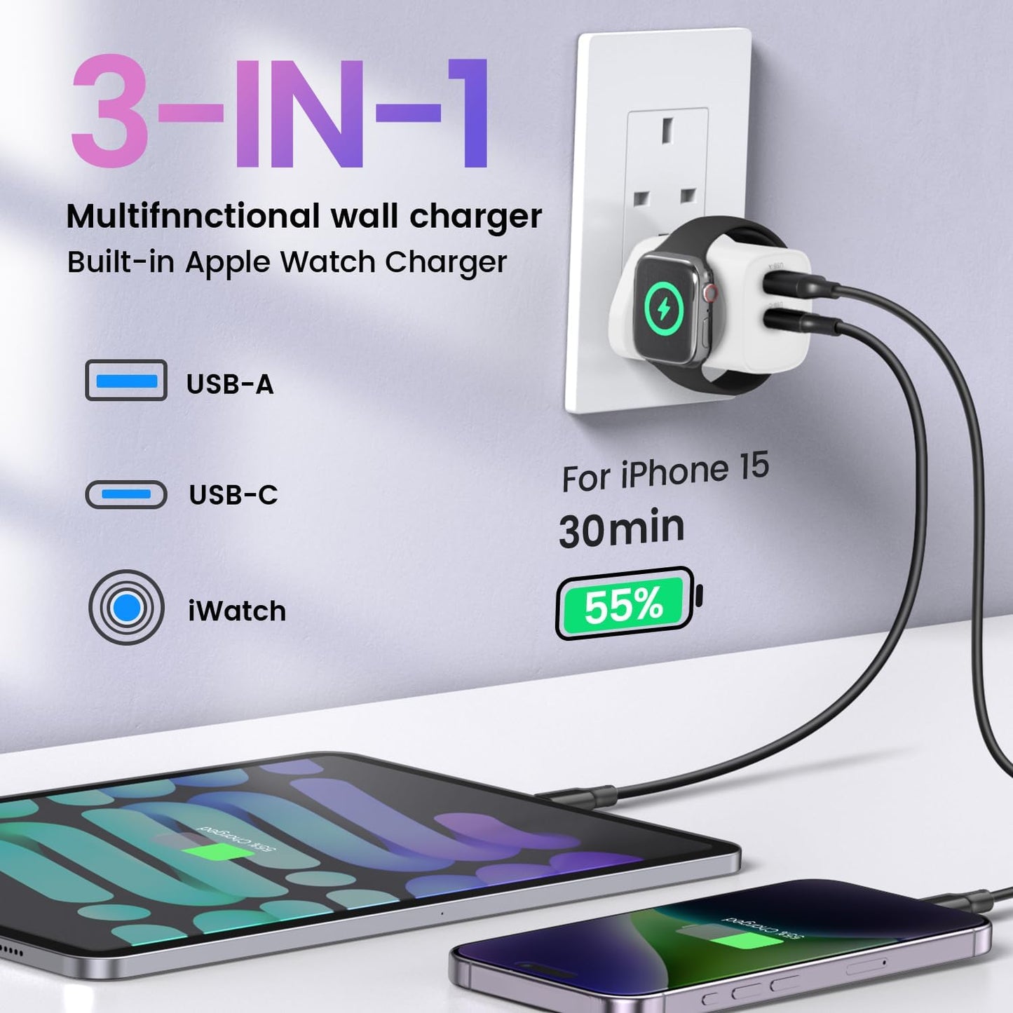 for Apple Watch Charger with 20W USB C Plug, 3 in 1 PD Fast Charger UK for iWatch Series SE/Ultra/10/9/8/7/6/, Compatible with iPhone 16/16 Pro/iPhone 15 Series