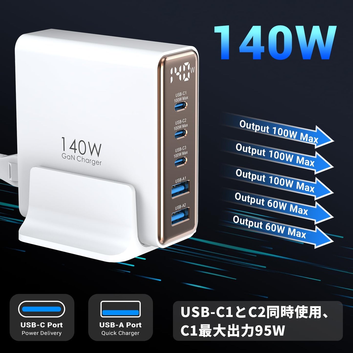 TOPADRE 140W 急速充電器 PD タイプ c 充電器【100W Max*USB-C*3+USB-A*2+ディスプレイ搭載+PSE認証】5ポート Type-c充 電器 MacBook M4 M3 /ipad Pro/iPhone 16/15/14/13 Pro Max/Samsung Galaxy Note各種デバイス対応 GaNIII(窒化ガリウム) 1.5mの電源ケーブル付き