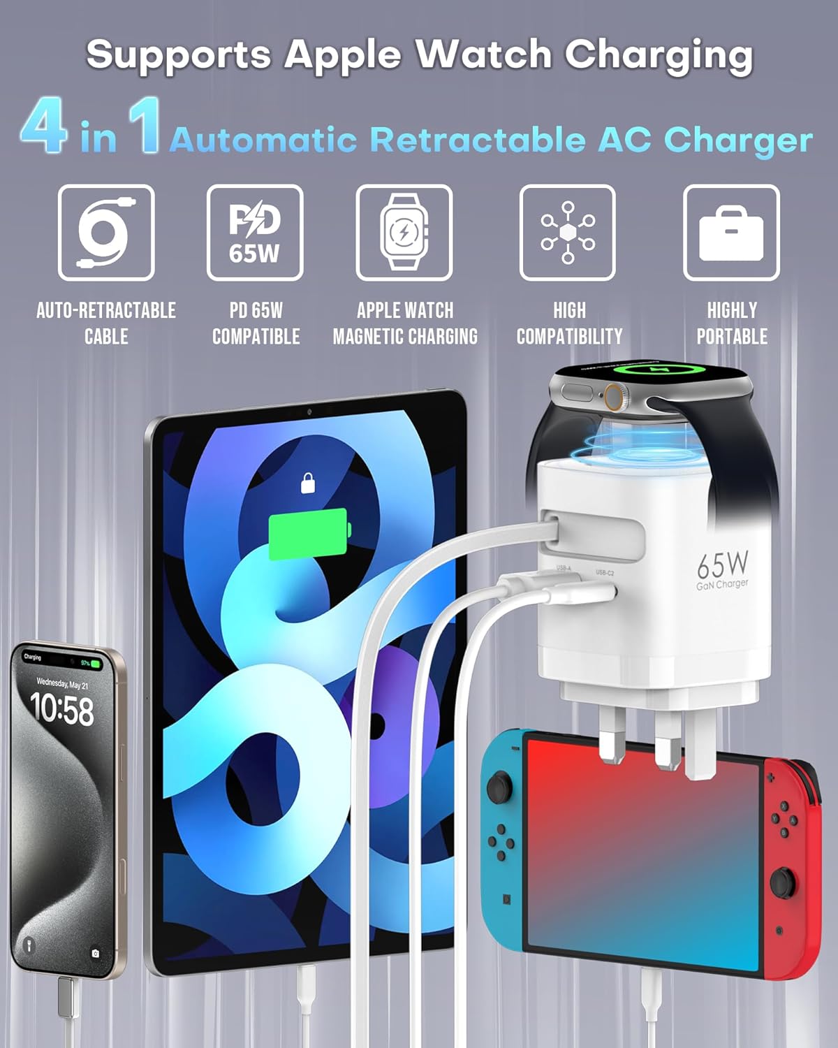 65W Retractable Wall Charger with Cables, 3-Port for Apple Watch Charger USB-C with Fast Charging for Apple Watch 10/9/8, for Macbook/iPad Pro, for iPhone 16/15 Series, Galaxy and More