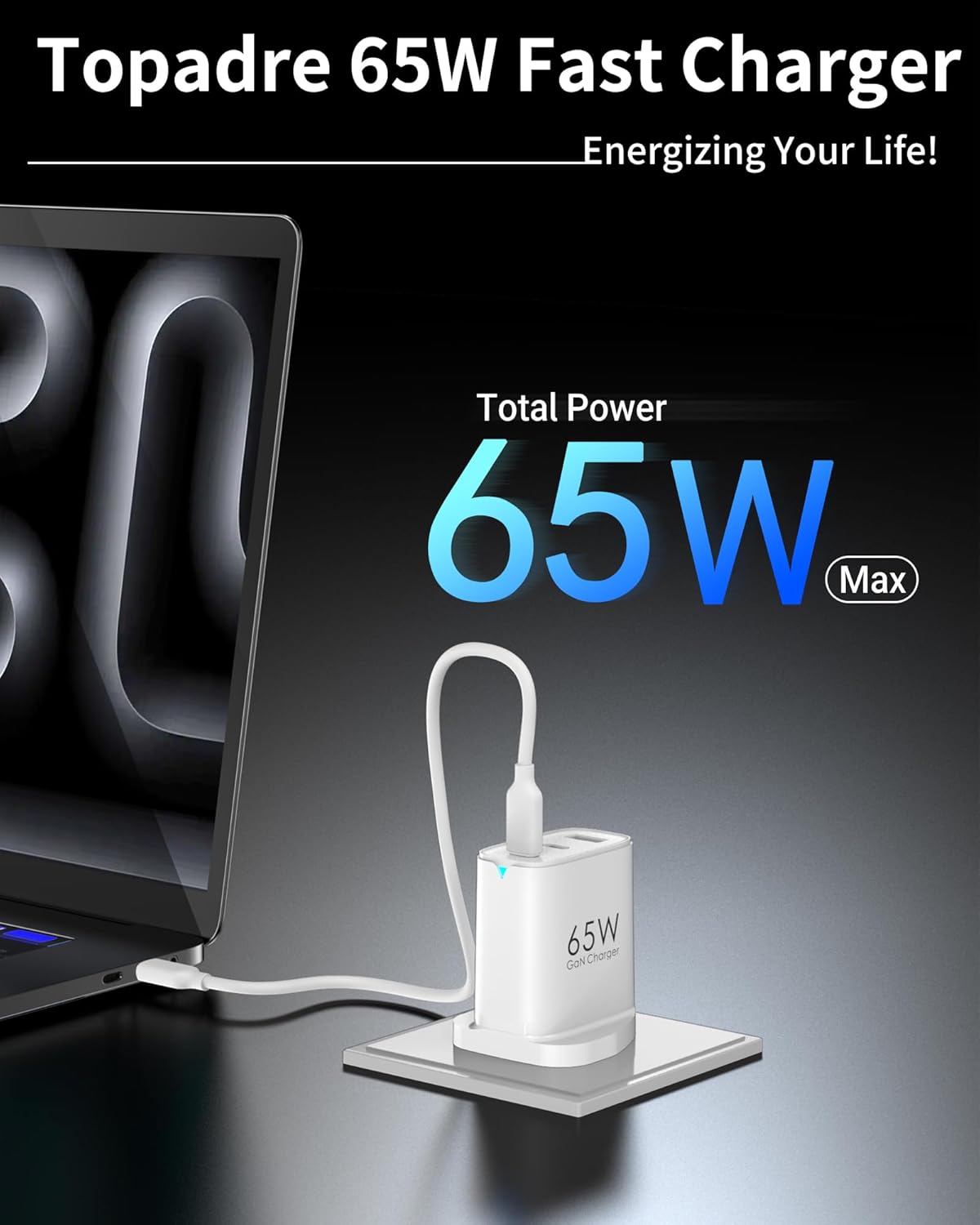 65W USB C Plug, 3 Ports GaN Type-C Charger Plug UK PPS/PD3.0 Fast Charging for MacBook Pro/Air, iPad Pro/Air, for iPhone 16/15 Pro Max, for Galaxy S24/S23, Laptop Charger