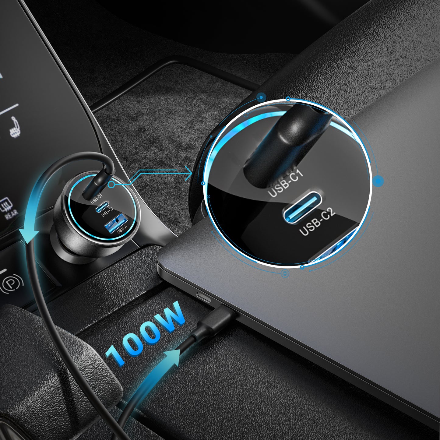 100W USB C Fast Car Charger with Display, PD3.0+QC Type C Car Charger Adapter, Fast Charging for Laptops, MacBook Pro, iPad, iPhone 16/15/Pro Max, Galaxy S24/S23 Ultra Etc.