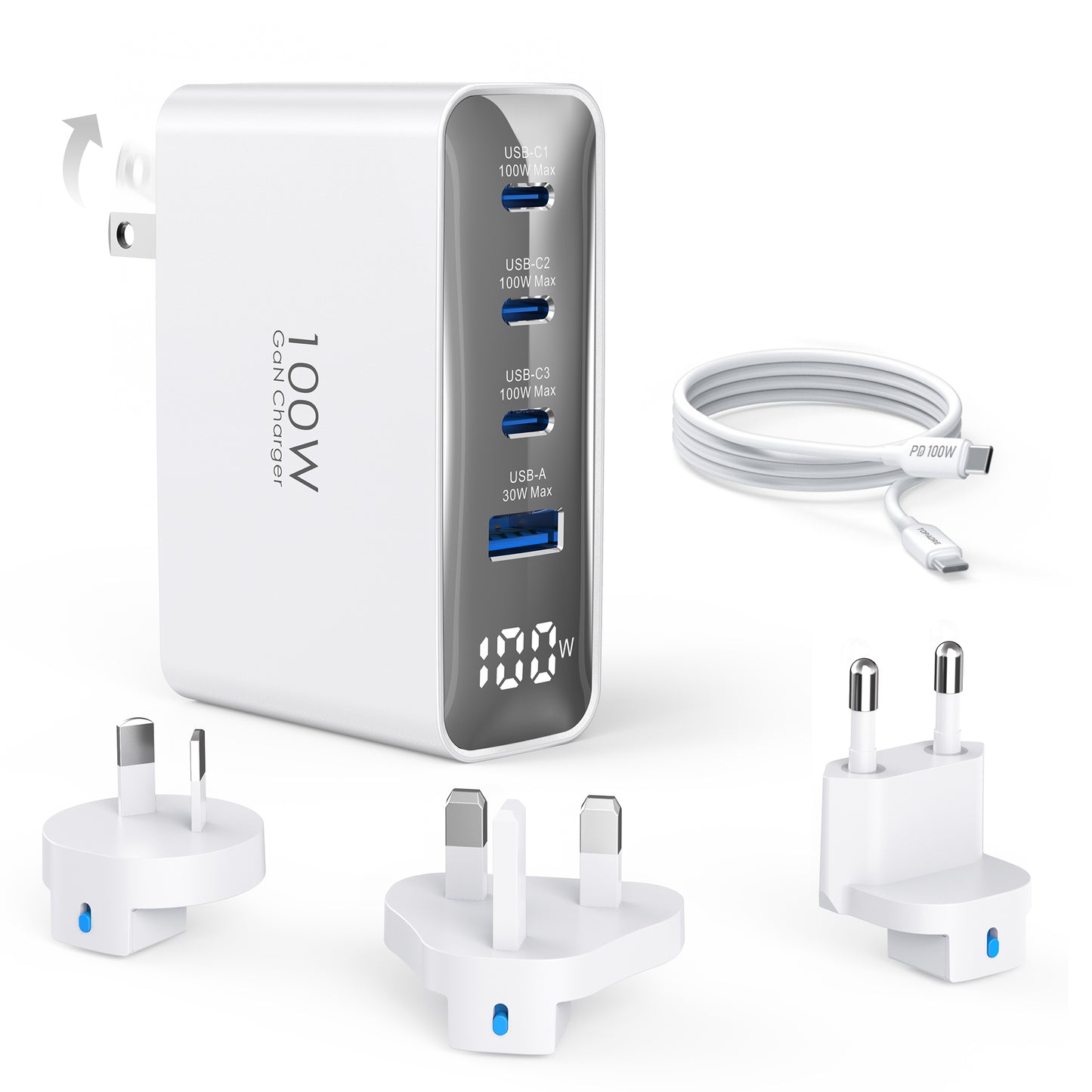 100W USB C Ladegerät Travel Adapter, 4-Port Reiseladegerät Faltbarer Steckerkonverter mit UK/EU/AU Steckern, Schnellladung für MacBook Pro/Air, für Samsung Galaxy S25/S24, iPhone 16/15, Schwarz