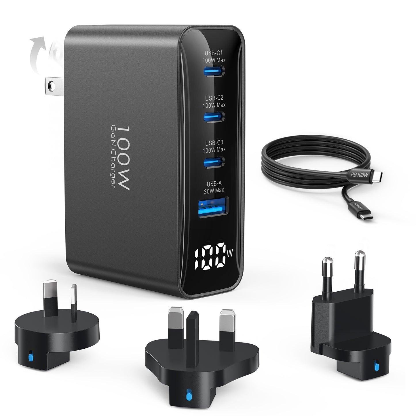 100W USB C Ladegerät Travel Adapter, 4-Port Reiseladegerät Faltbarer Steckerkonverter mit UK/EU/AU Steckern, Schnellladung für MacBook Pro/Air, für Samsung Galaxy S25/S24, iPhone 16/15, Schwarz