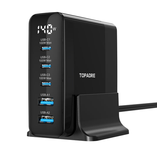 Topadre USB C Ladegerät 140W, 5-Port GaN USB C Mehrfach Ladegerät mit LED Display, Schnellladegerät PD 3.0 Netzteil für MacBook Pro/Air, für iPhone 16/15 Pro, für iPad, für Galaxy S24/23