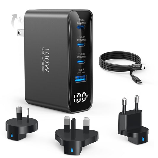 100W USB C Travel Charger, 4-Ports Foldable Travel Adapter Plug Converter with UK/EU/AU Plugs,Fast Charging for Macbook Pro/Air,for iPad Pro/iPhone 16/15 Pro Max, for Galaxy S24 S23