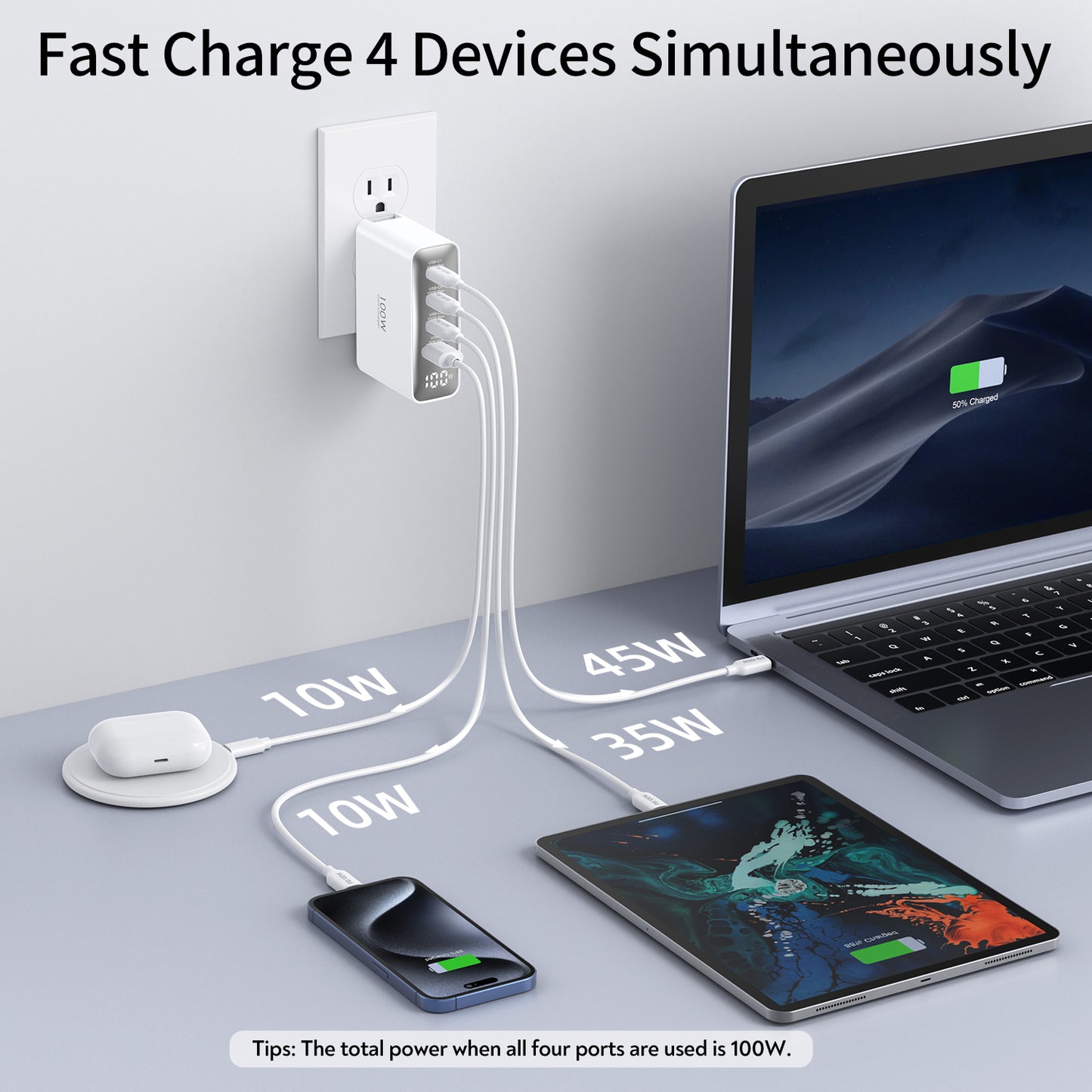 100W USB C Travel Charger, 4-Ports Foldable Travel Adapter Plug Converter with UK/EU/AU Plugs,Fast Charging for Macbook Pro/Air,for iPad Pro/iPhone 16/15 Pro Max, for Galaxy S24 S23