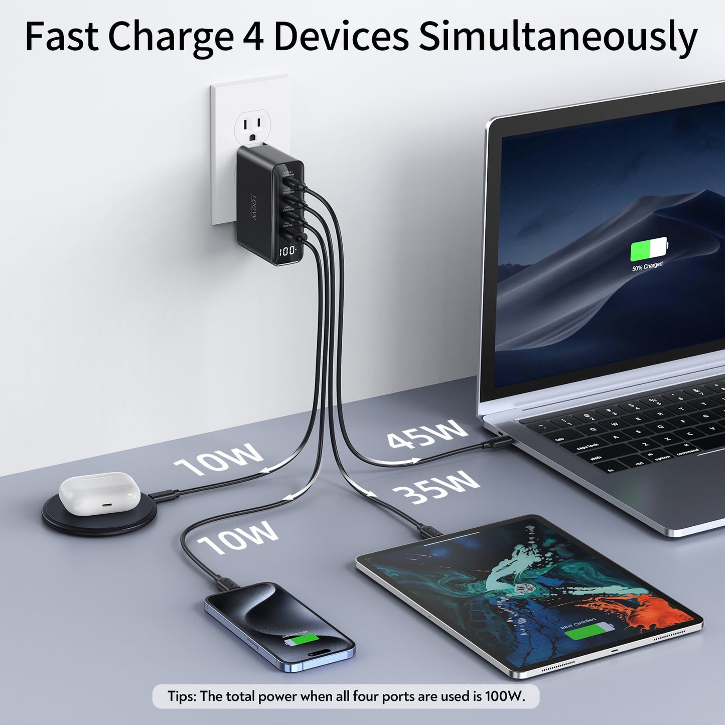 100W USB C Charger, 4-Port PD Fast Charging Station with LED Dispay, GaN Compact Foldable Laptop Charger for MacBook Pro/Air, iPad Pro, for iPhone 17/16/15 Pro Max, Galaxy S25/S24 Ultra, Steam Deck