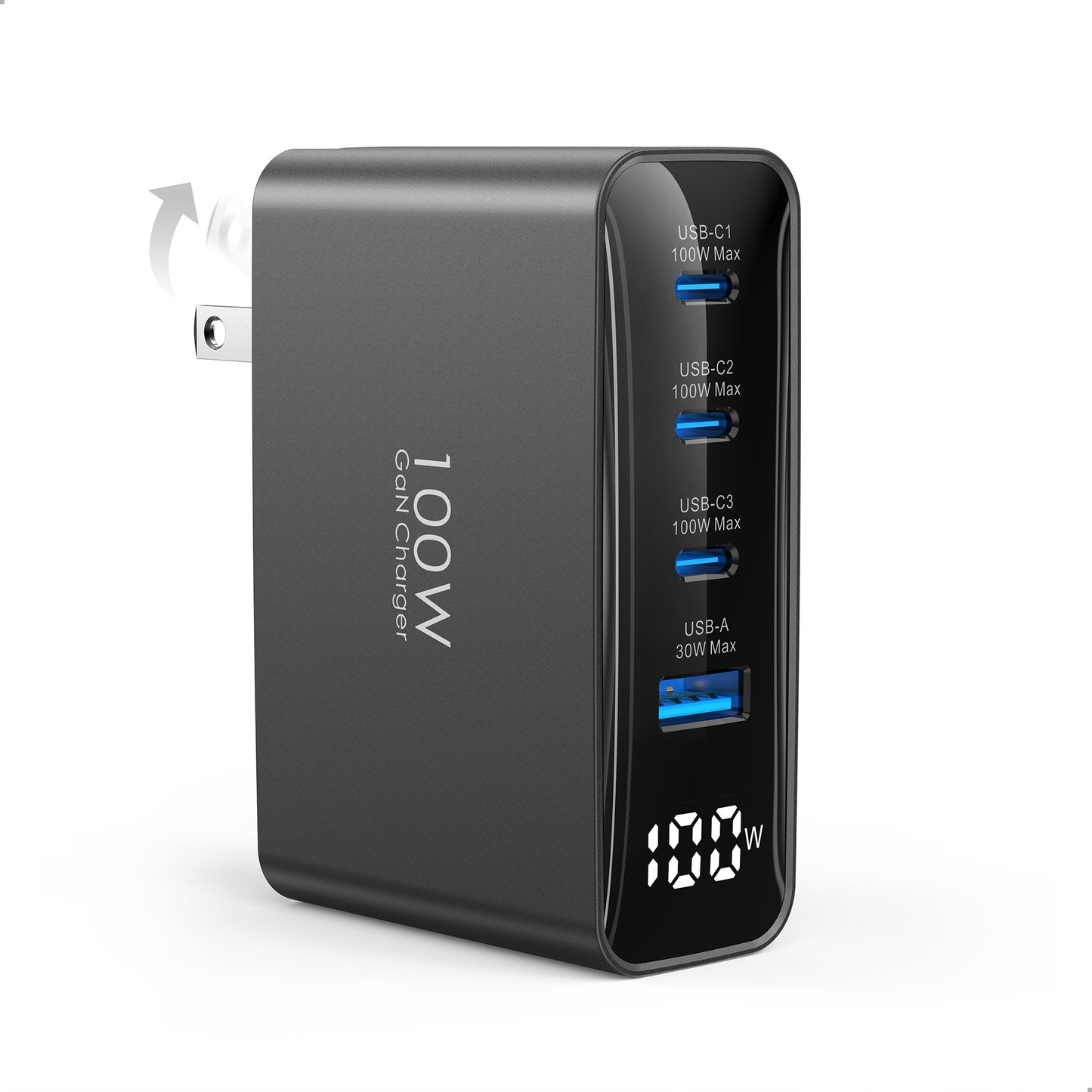 100W USB C Charger, 4-Port PD Fast Charging Station with LED Dispay, GaN Compact Foldable Laptop Charger for MacBook Pro/Air, iPad Pro, for iPhone 17/16/15 Pro Max, Galaxy S25/S24 Ultra, Steam Deck