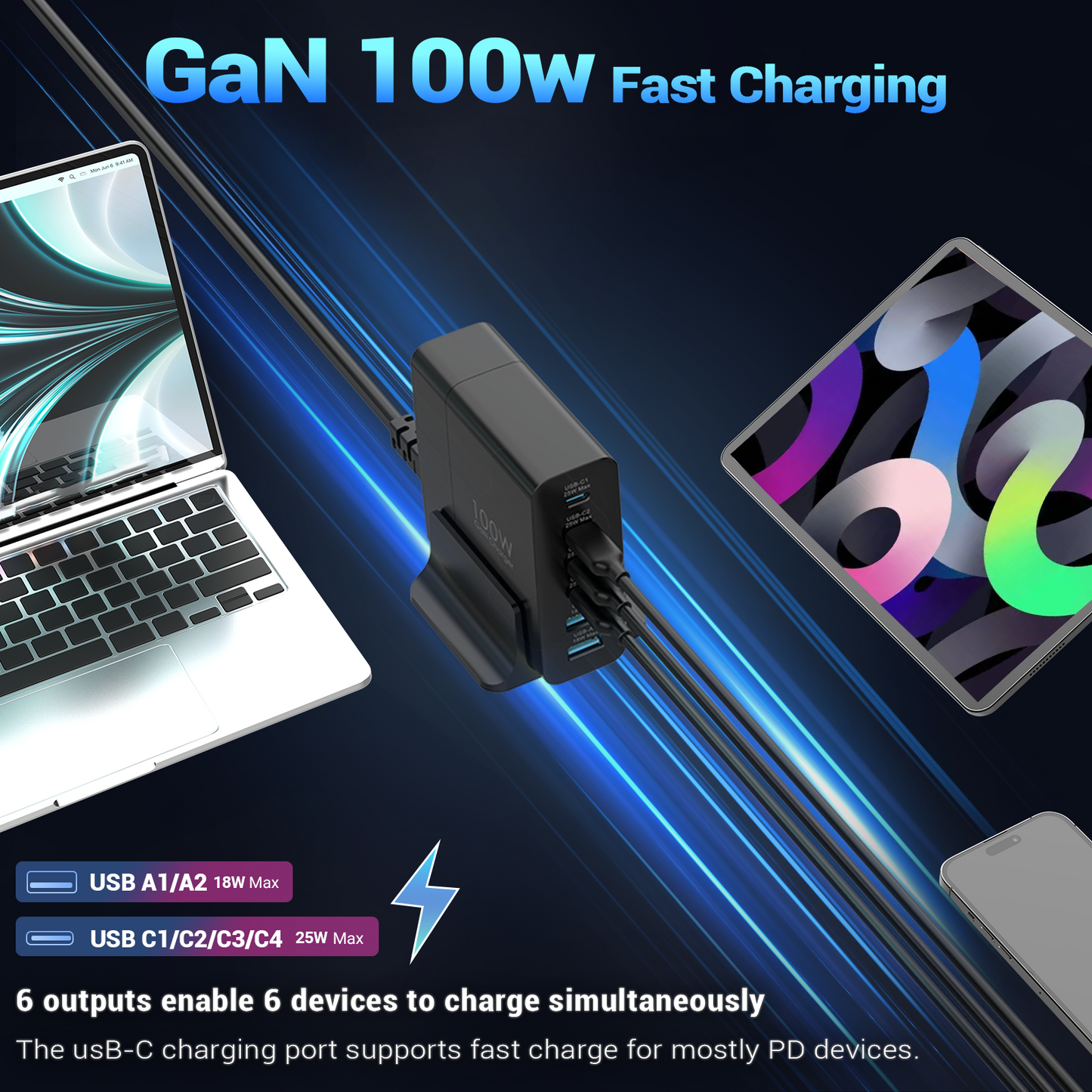 100W USB C Charger, PD3.0 Fast Charging Multiple GaN Charger Station 6-Ports Charger 4-USB C And 2-USB A For IPhone 16/15/14/13/12Pro Max Series, For IPad Pro/Air, For PPS Galaxy S24/S23/S22, For Pixel