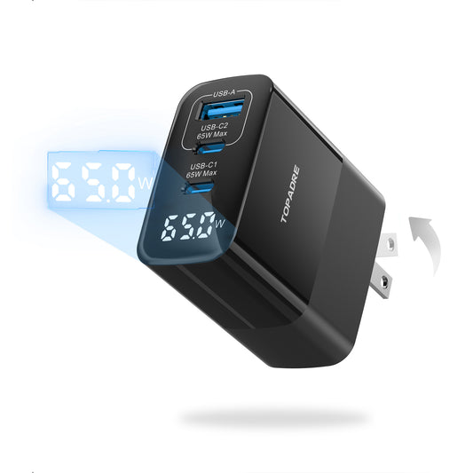 65W USB C Charger Block with Led Display, 3 Ports GaN Wall Charger Foldable Compact Type C Fast Charging for MacBook iPad Pro/Air, iPhone 17/16 Pro/Pro Max, for Samsung Galaxy S25/S24, Black