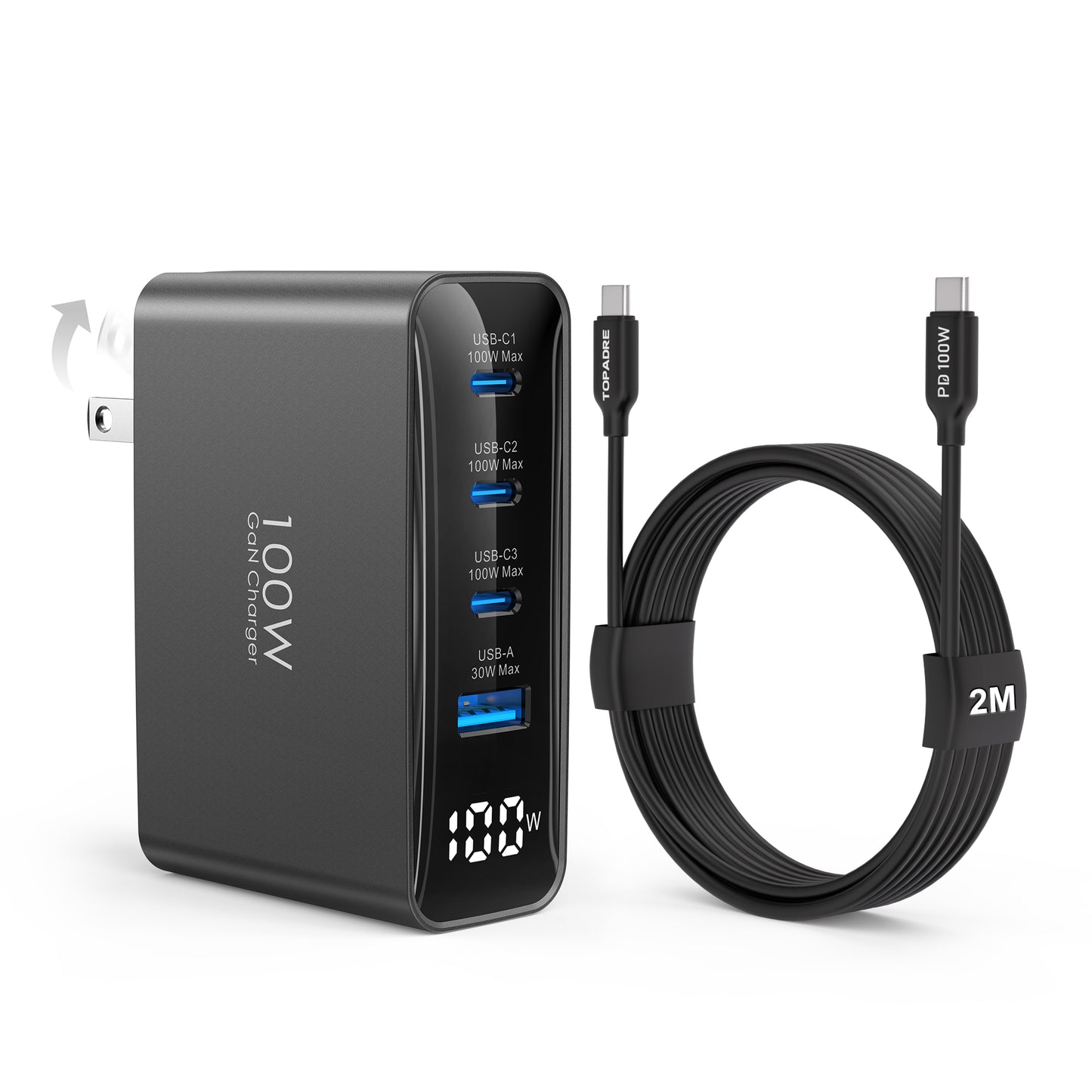 TOPADRE 100W USB C Charger Fast Charger with 2M 100W Cable, 4-Port GaN III PD C harger, HD Display, Foldable Plug, FCC UL Certified, for iPhone, iPad, Galaxy S24, MacBook, Dell and More