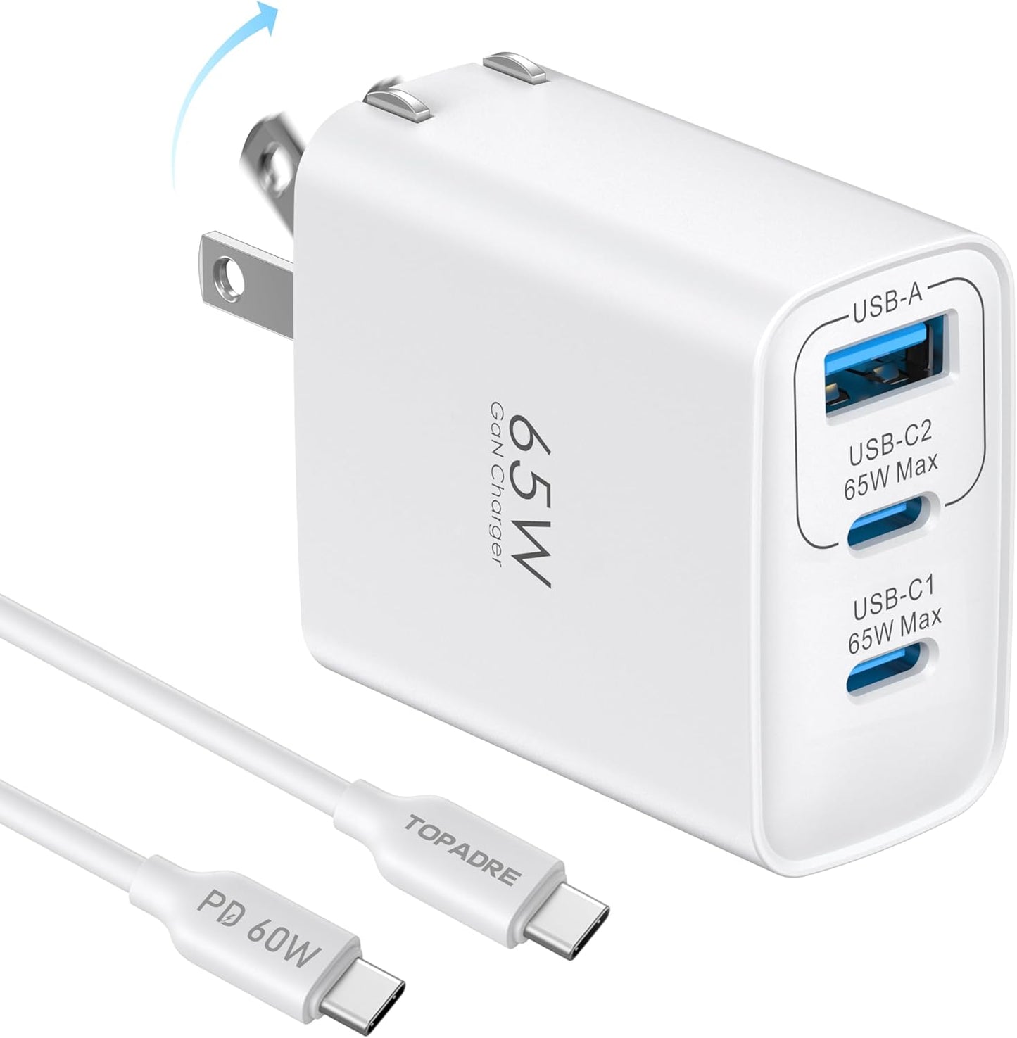 Topadre 65W USB C Charger Block, 3 Ports GaN Wall Charger Foldable Compact Type C Fast Charging for MacBook iPad Pro/Air, iPhone 15/16 Pro/Pro Max, for Samsung Galaxy S24/S23