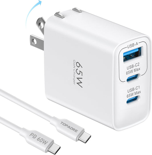 Topadre 65W USB C Charger Block, 3 Ports GaN Wall Charger Foldable Compact Type C Fast Charging for MacBook iPad Pro/Air, iPhone 15/16 Pro/Pro Max, for Samsung Galaxy S24/S23