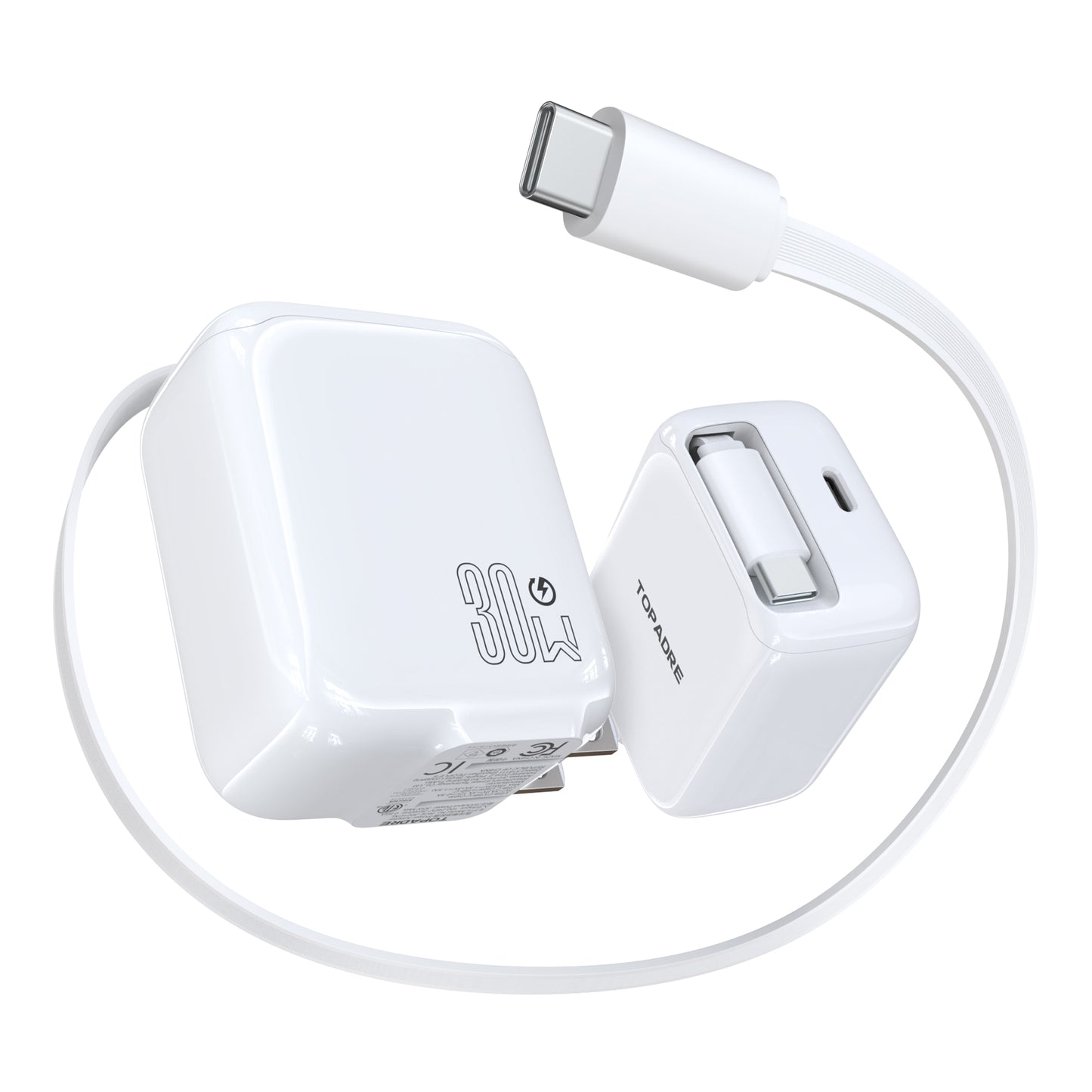 Topadre 30W Portable Fast Charger with Retractable Cable, GaN USB-C Wall Charger with Folding Plug, Suitable for iPhone 17/16/15/14 Series, iPad, Galaxy and Other Devices, 2Pack