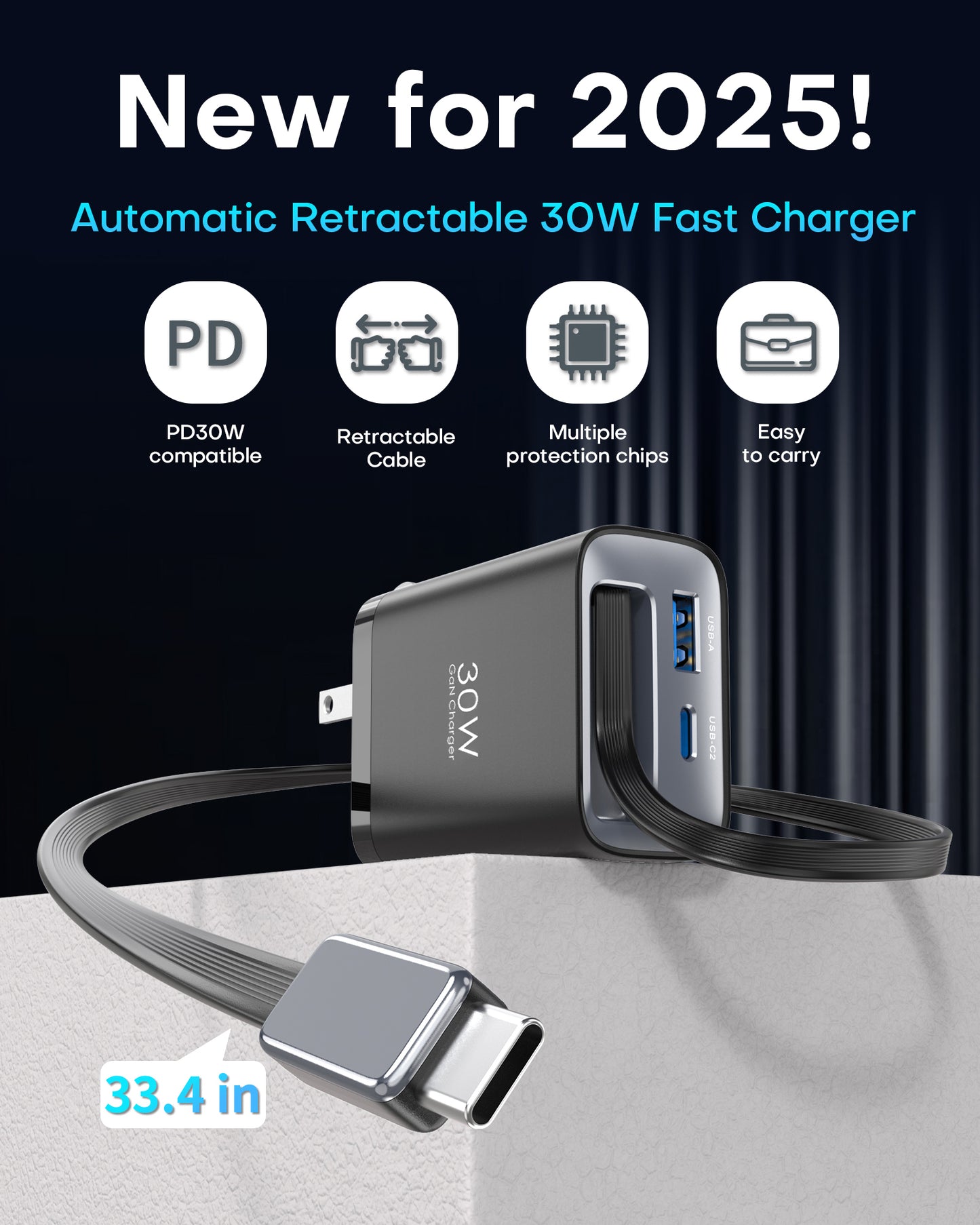 30W GaN 3-in-1 Fast Charger with Retractable Cable, USB-C + USB-A Wall Plug, Compact PD Charger for Phones & Tablets